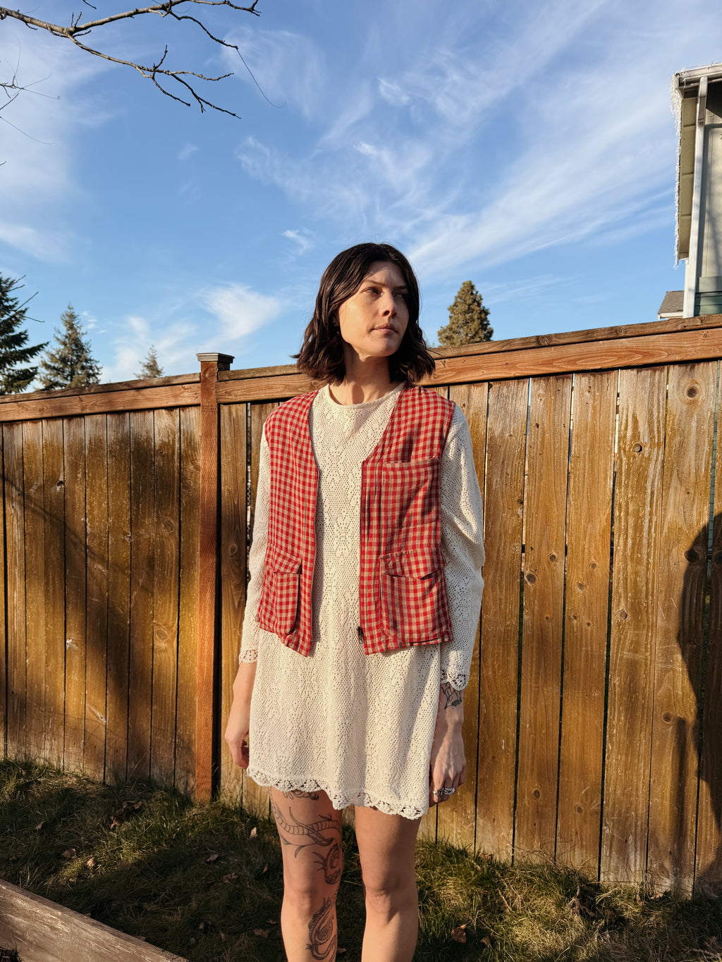 Red Plaid Zip Vest