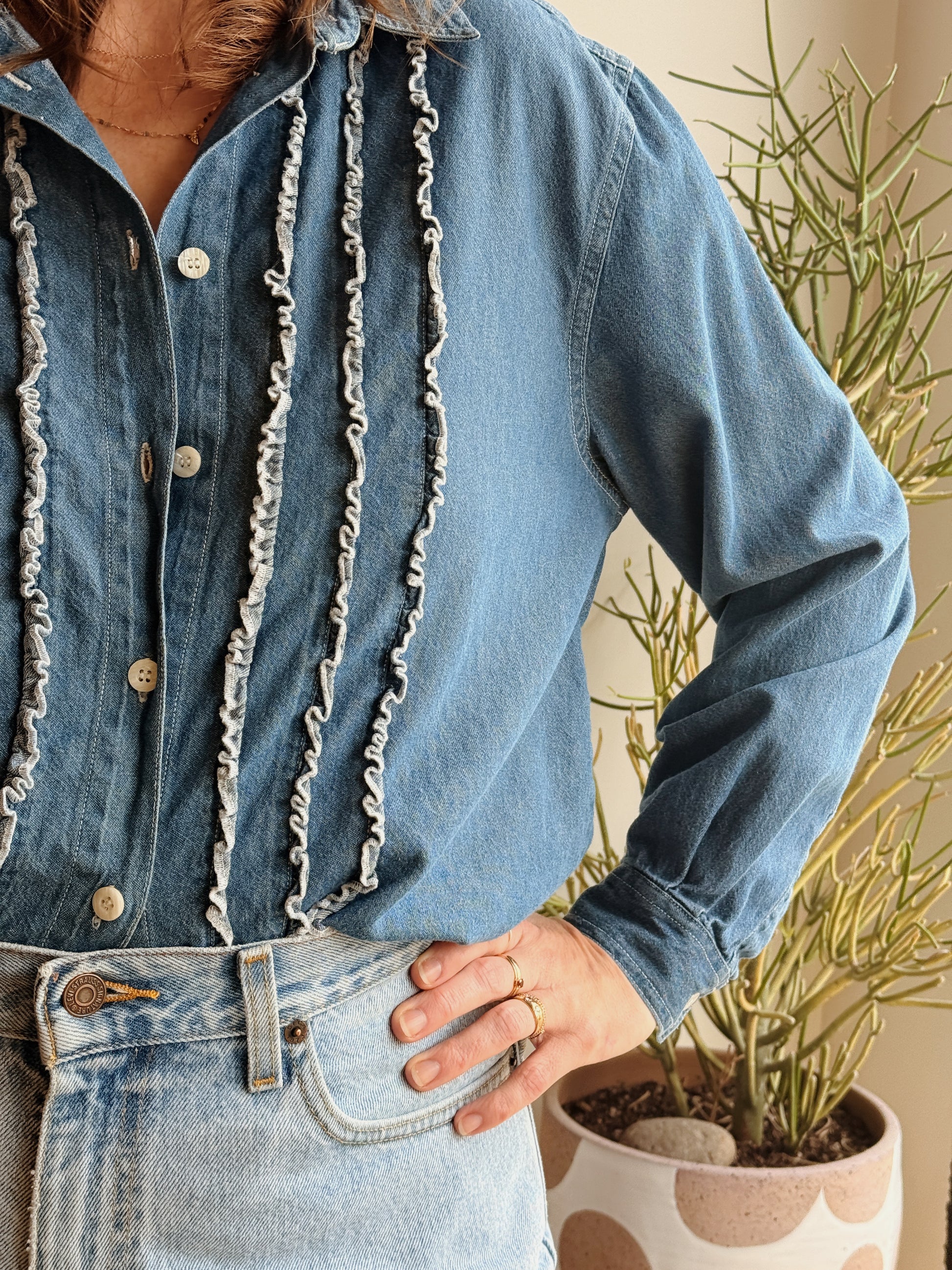 Ruffle Front Denim Buttondown