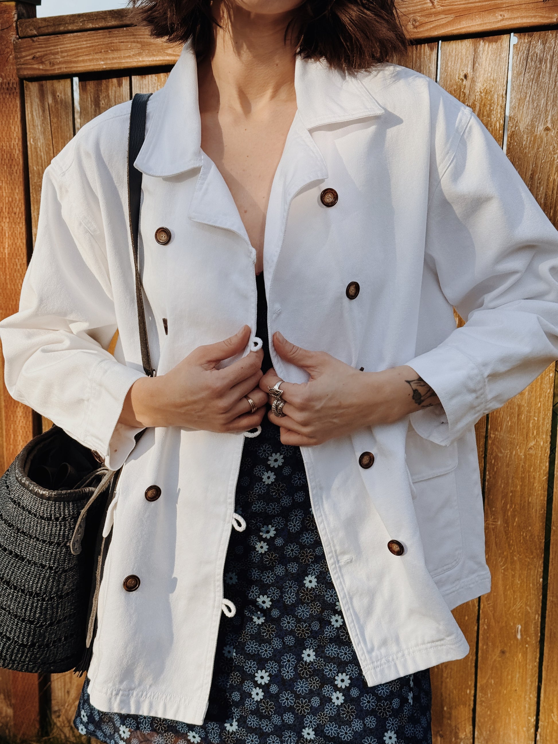 White Denim Double Breasted Jacket
