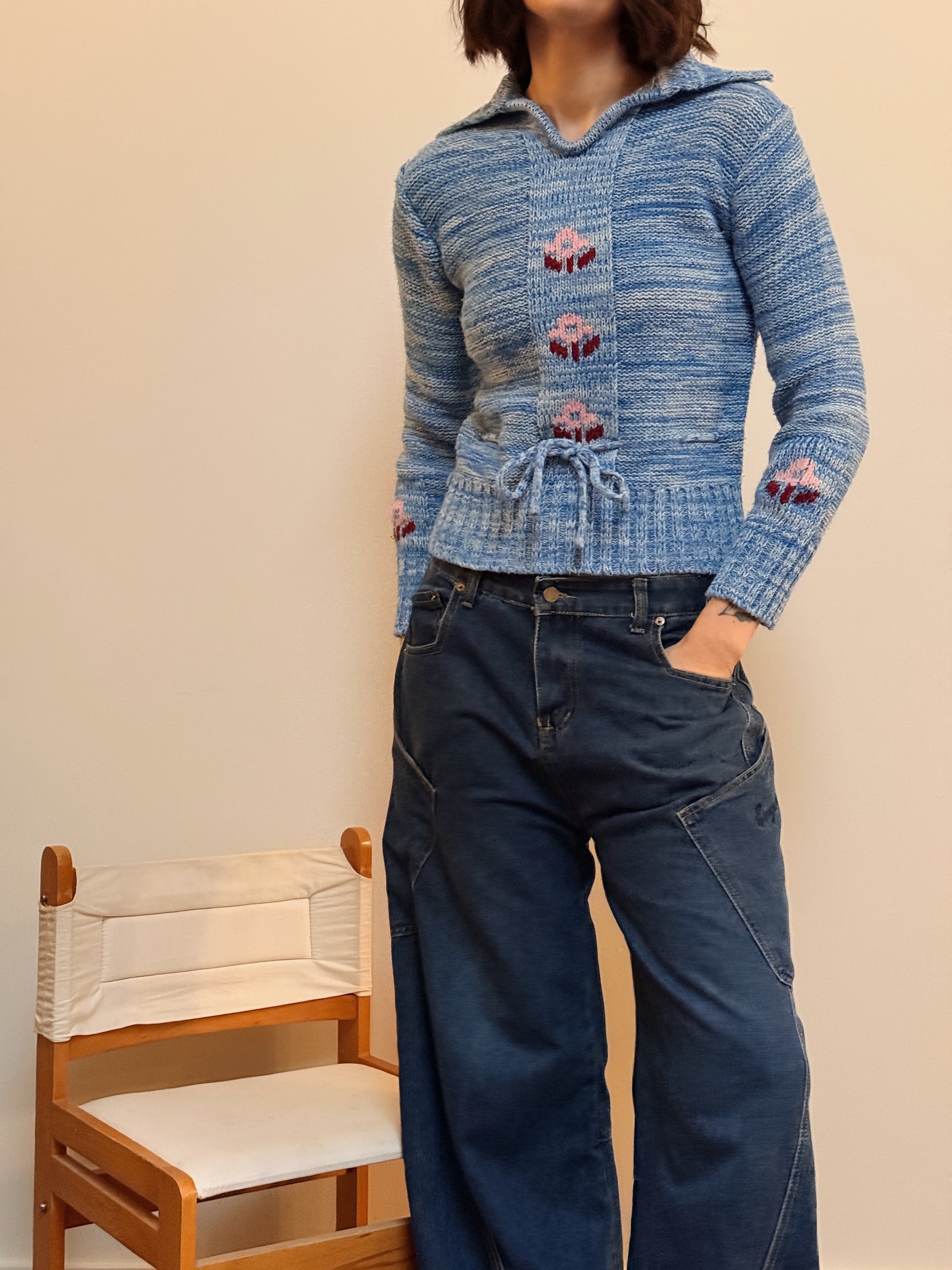 Blue Heathered Floral Stripe Sweater