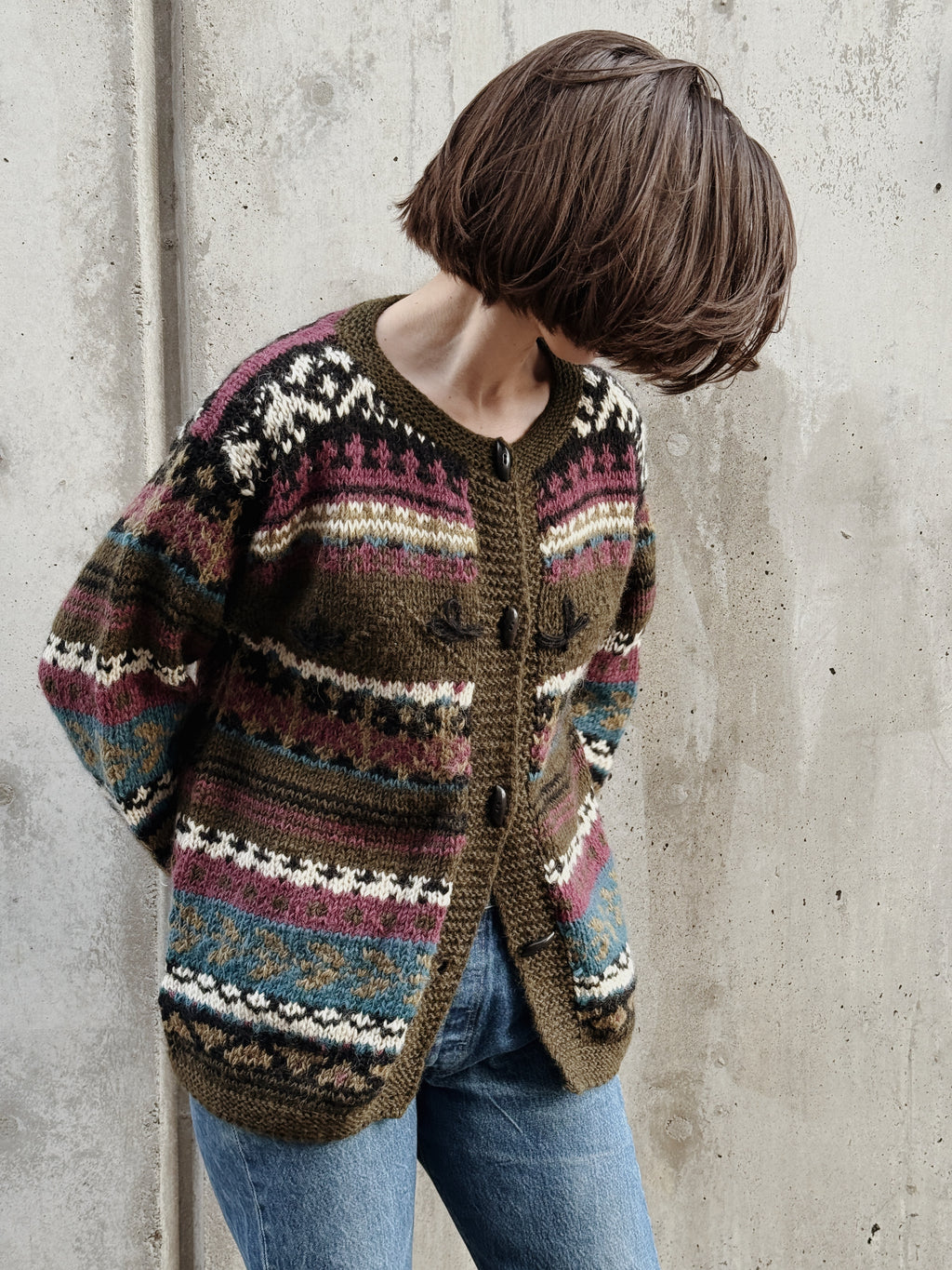 Olive Geometric Wool Cardigan
