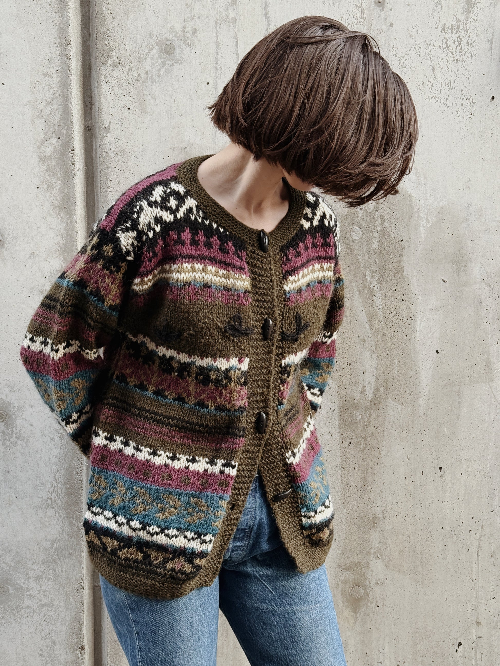 Olive Geometric Wool Cardigan