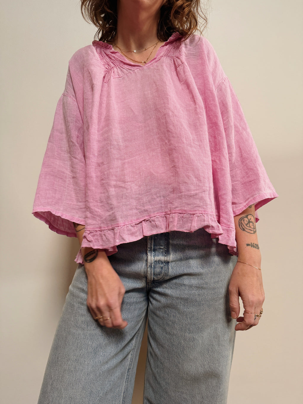 Colette Pink Ruffle Linen Top