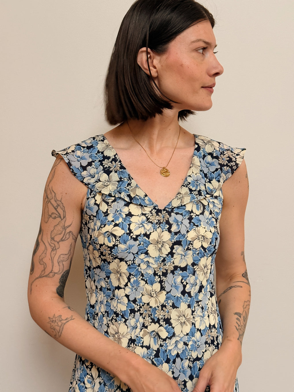 Blue Floral Ruffle Neck Dress