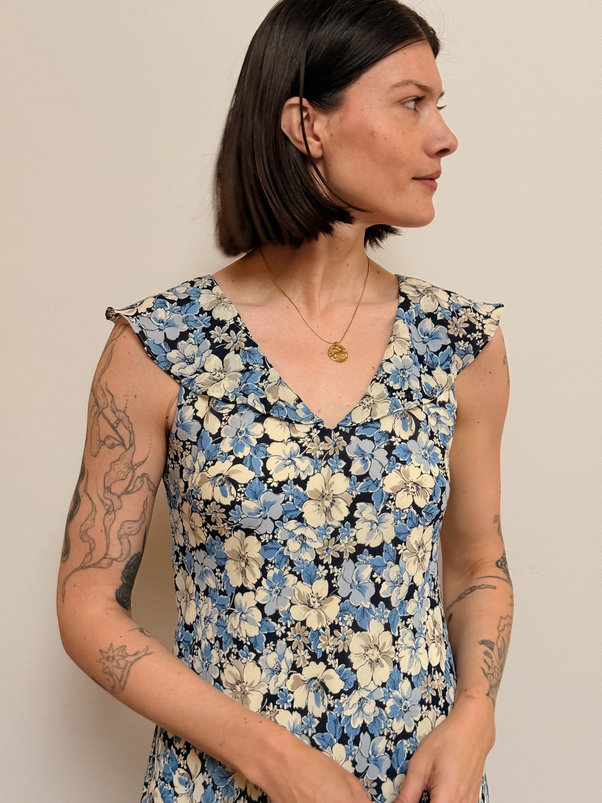 Blue Floral Ruffle Neck Dress
