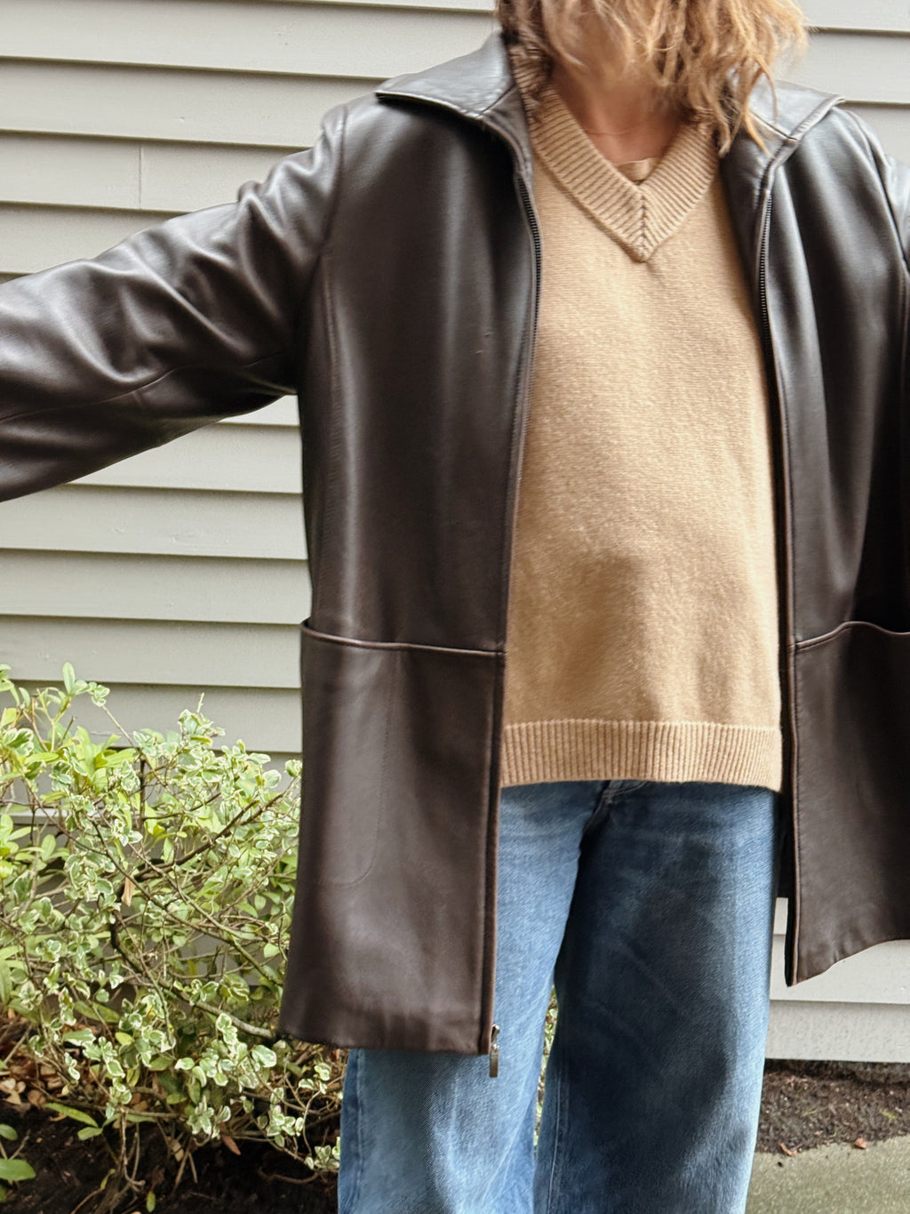 Brown Leather Seamed Zip Jacket