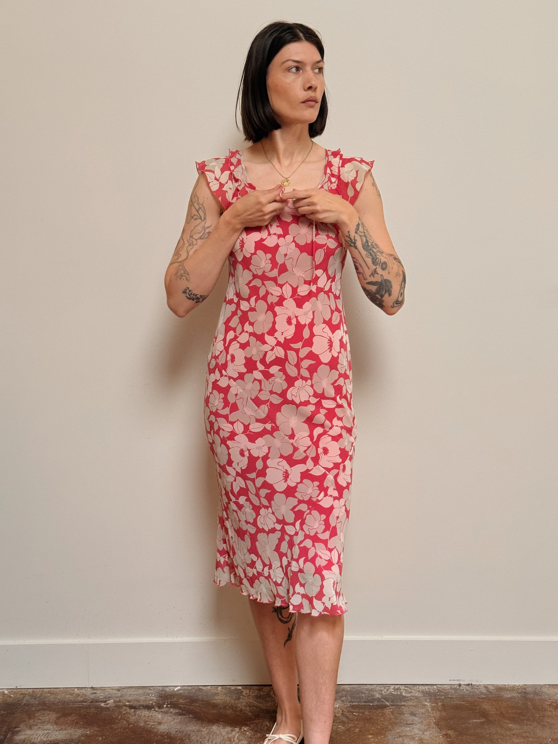Pink Floral Bias-Cut Dress