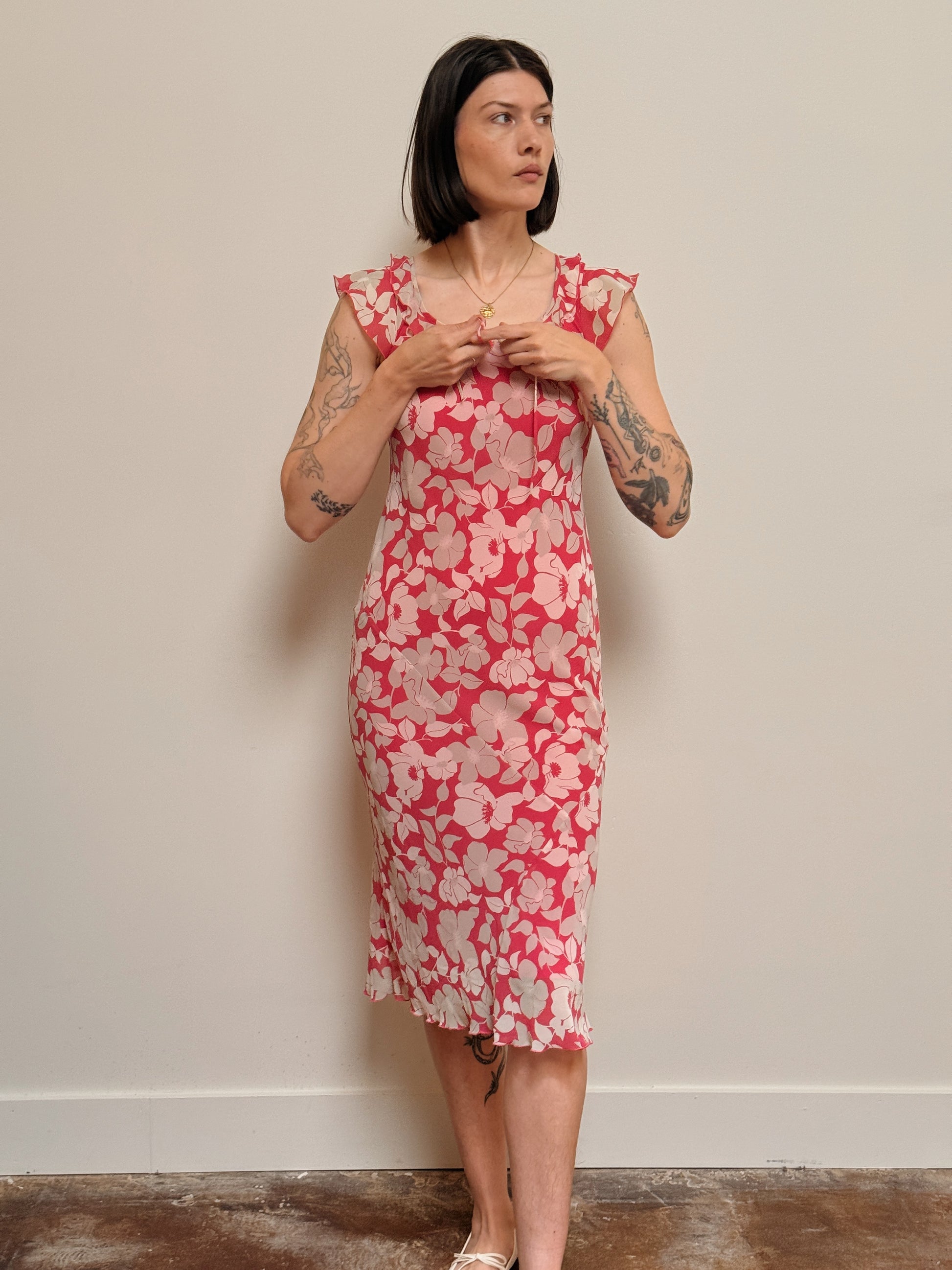 Pink Floral Bias-Cut Dress