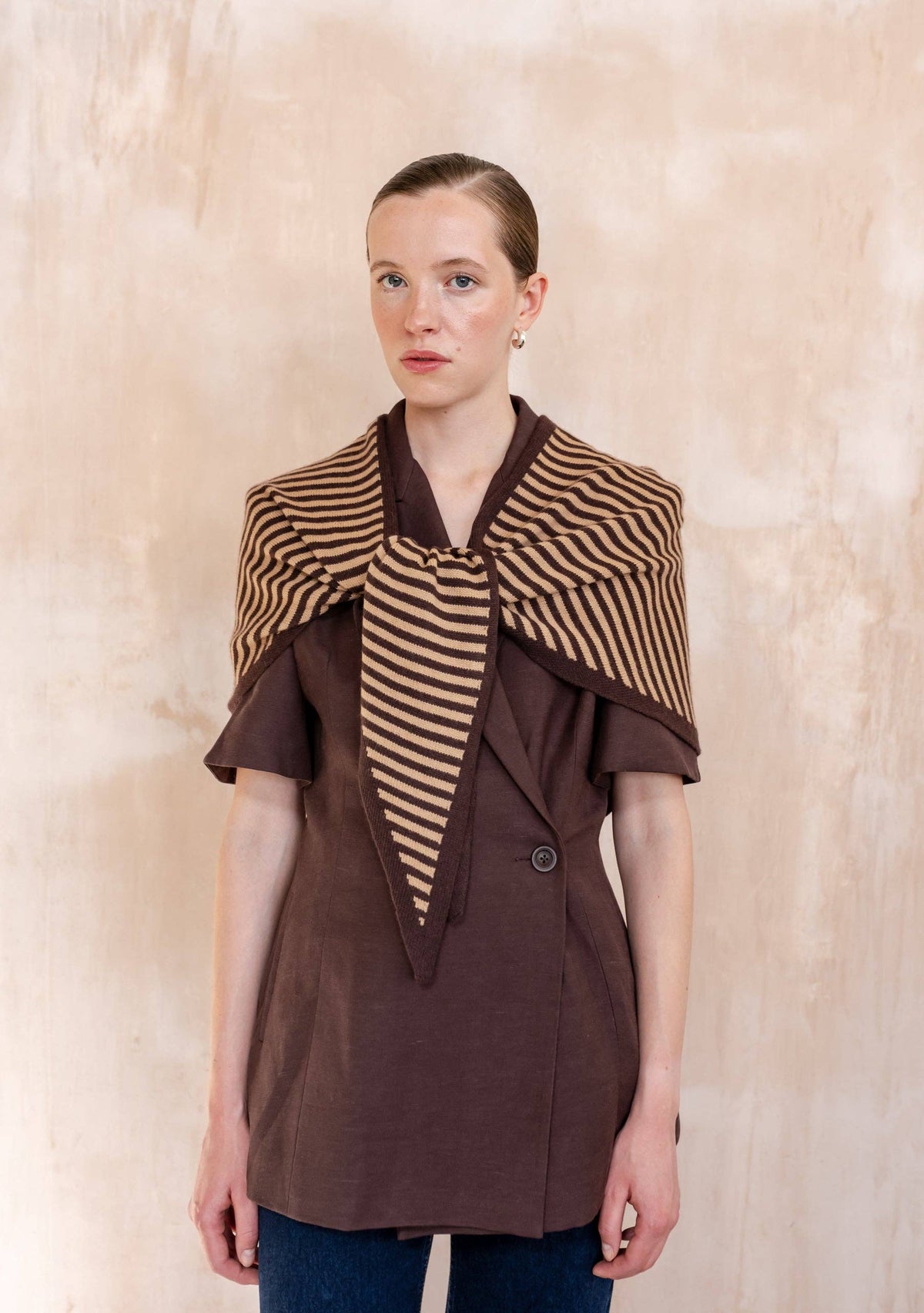 Large Merino Wool Triangle Scarf in Camel & Brown Stripe