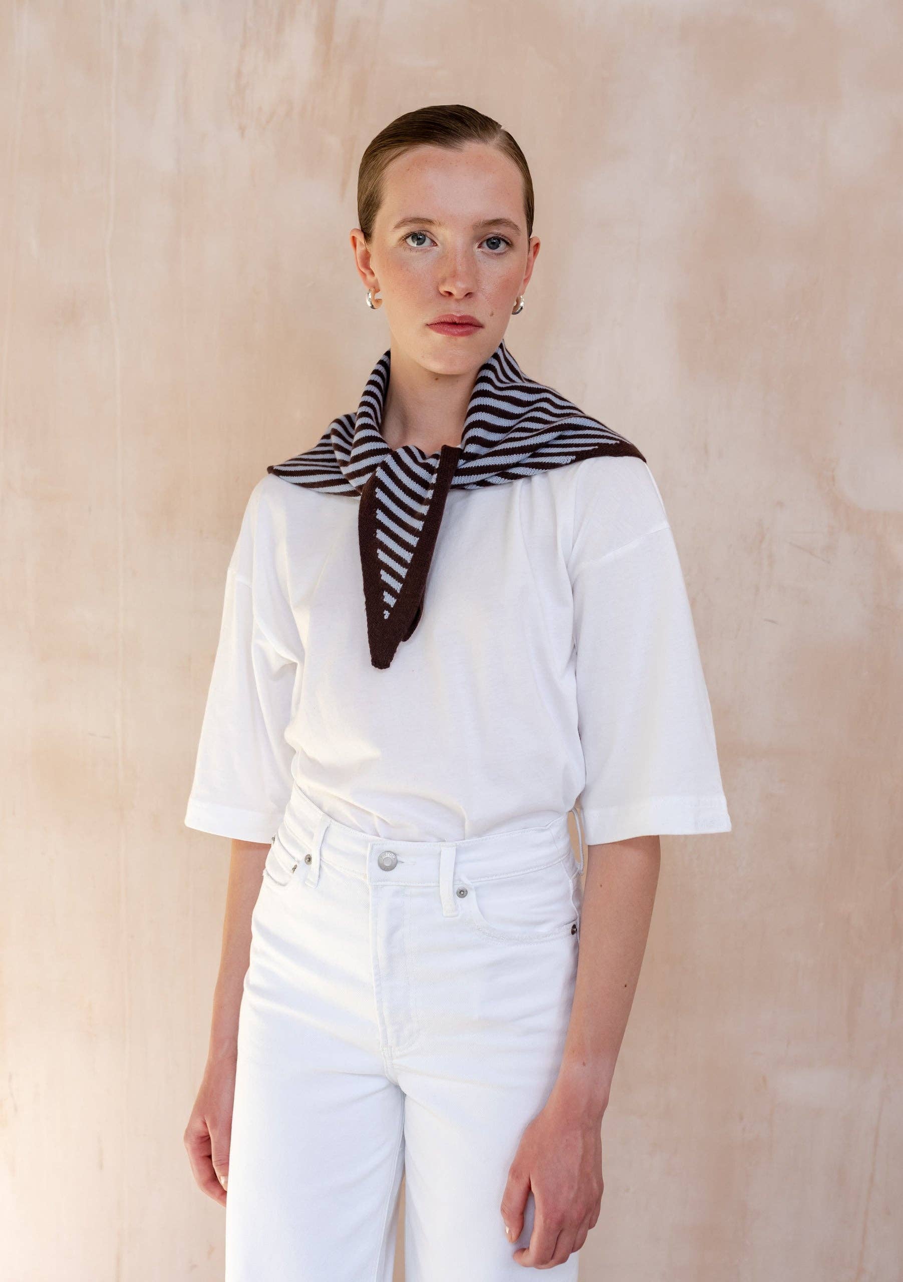 Merino Wool Triangle Scarf in Blue & Brown Stripe