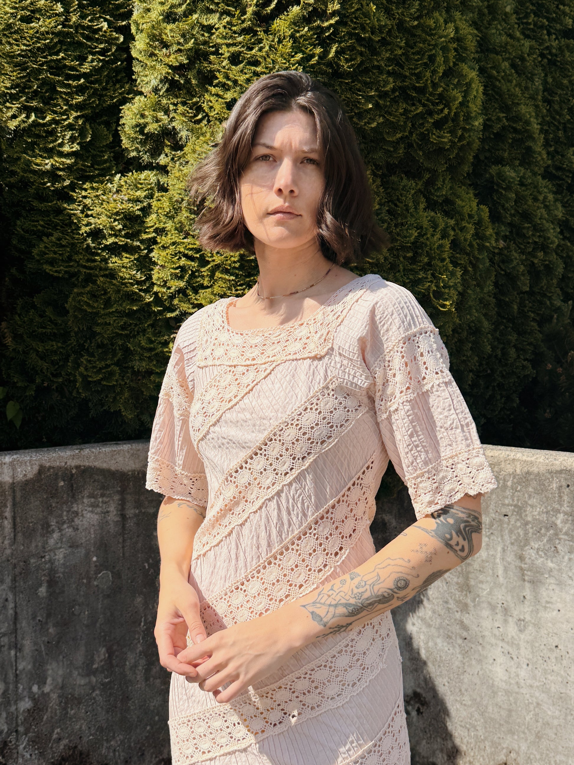 Ecru Lace & Pleats Maxi Dress