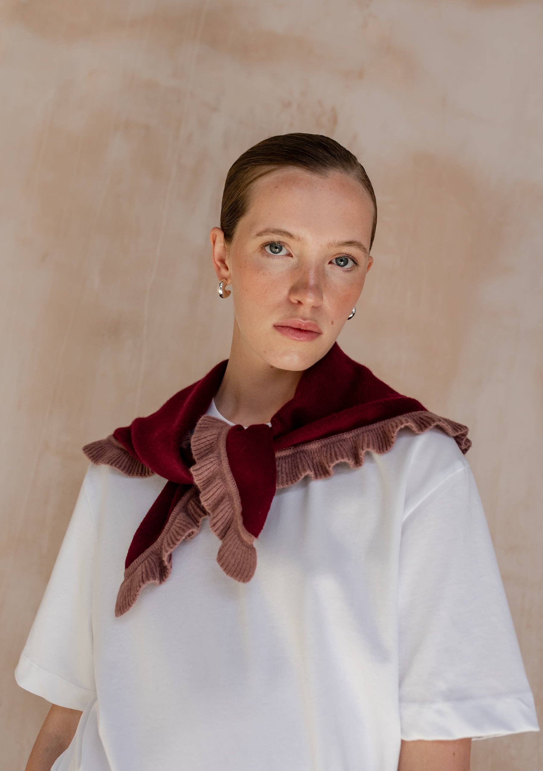 Merino Wool Triangle Scarf in Burgundy Ruffle