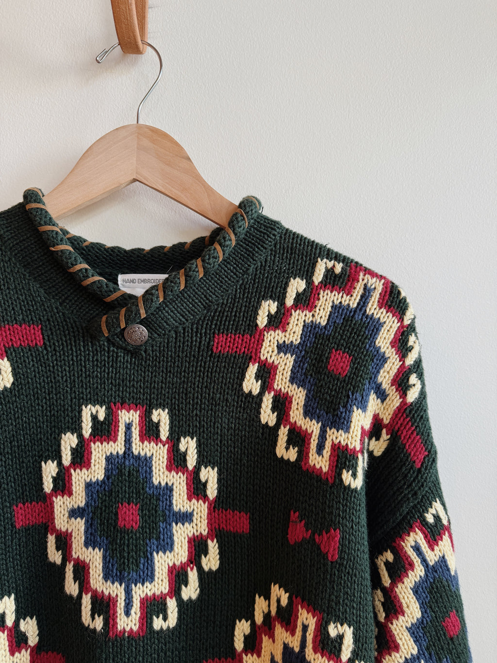 Green Pattern Cotton Knit Sweater