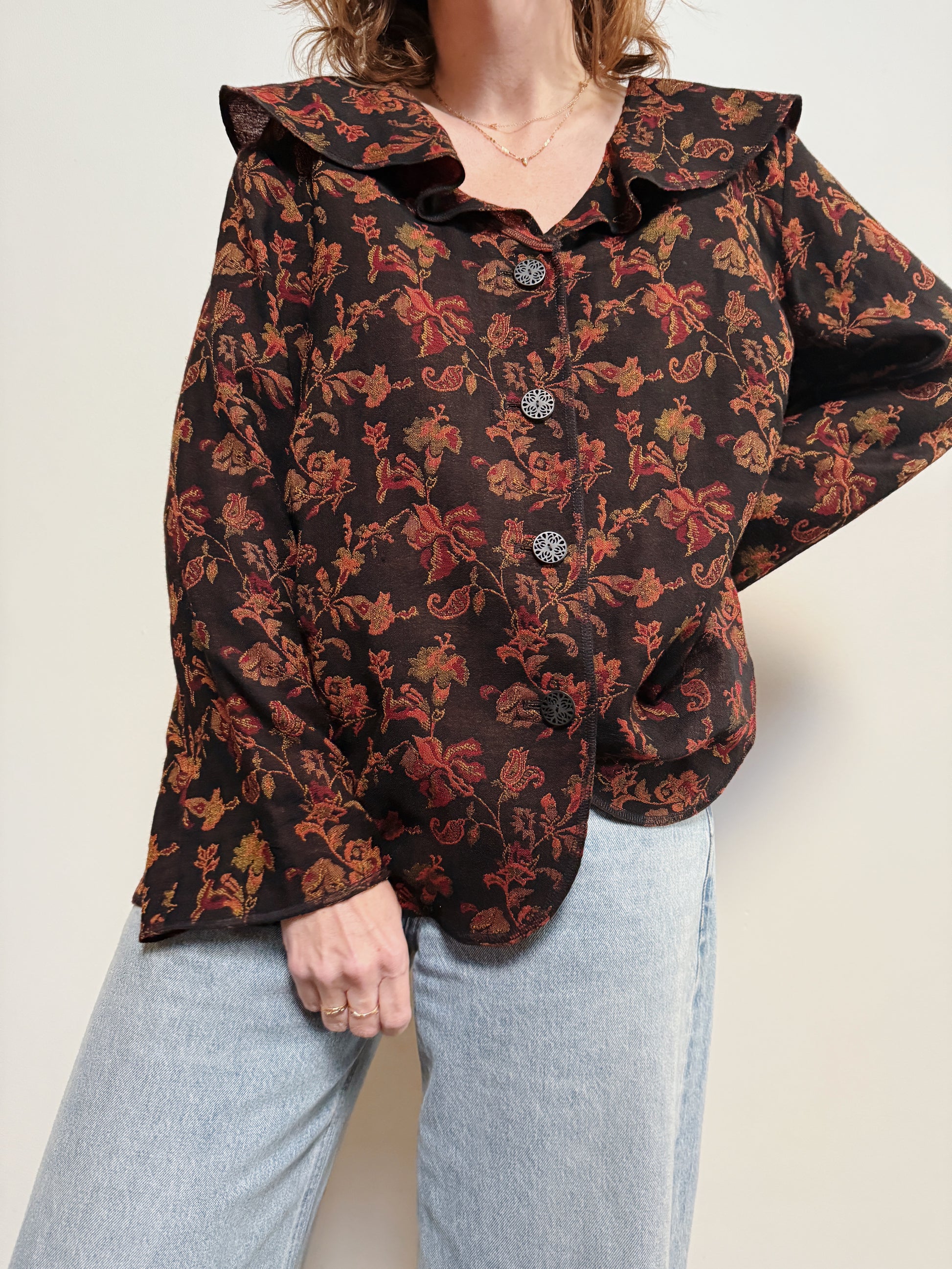 Wool Brocade Ruffle Blouse
