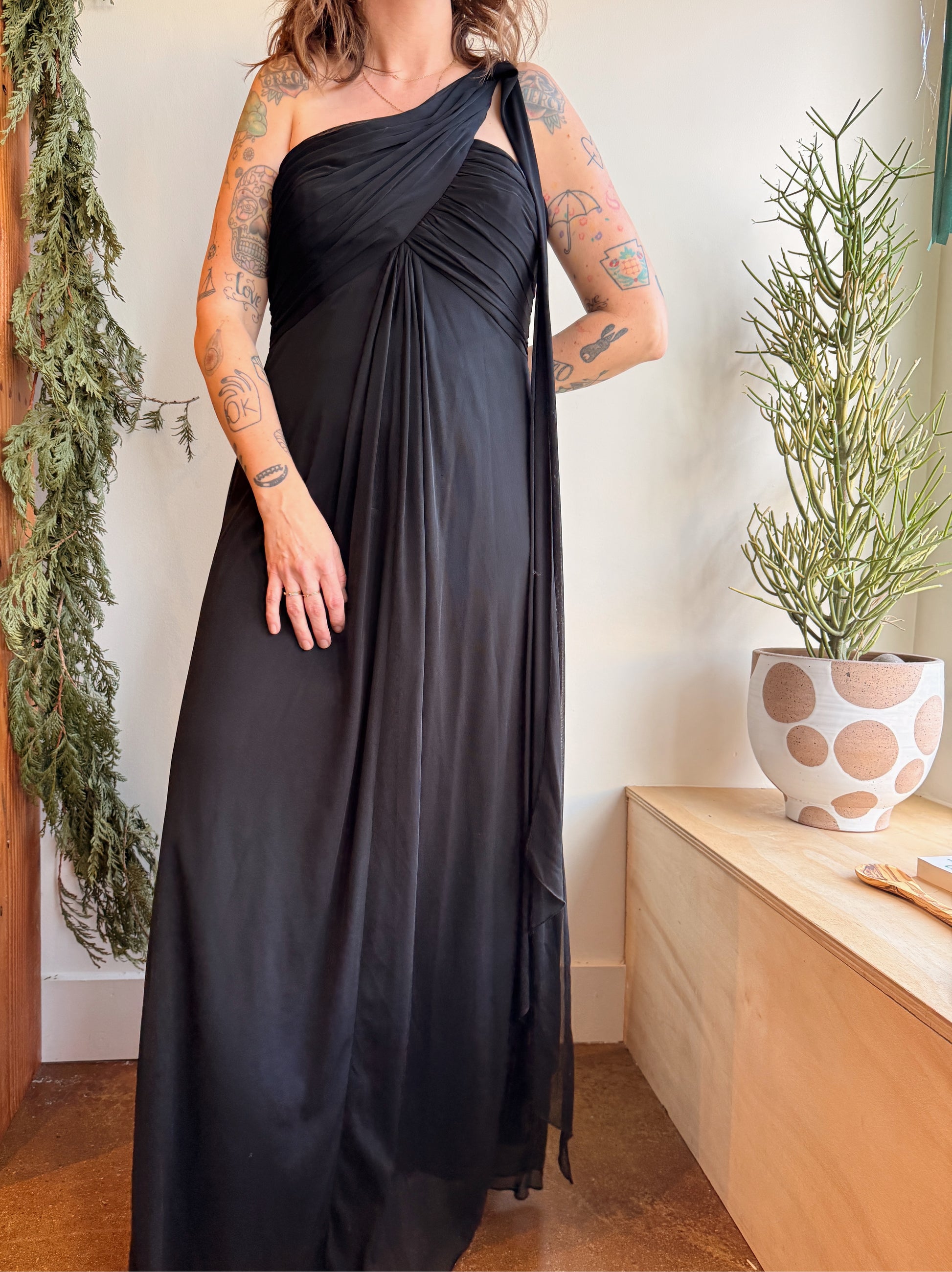 Black Chiffon One Shoulder Dress