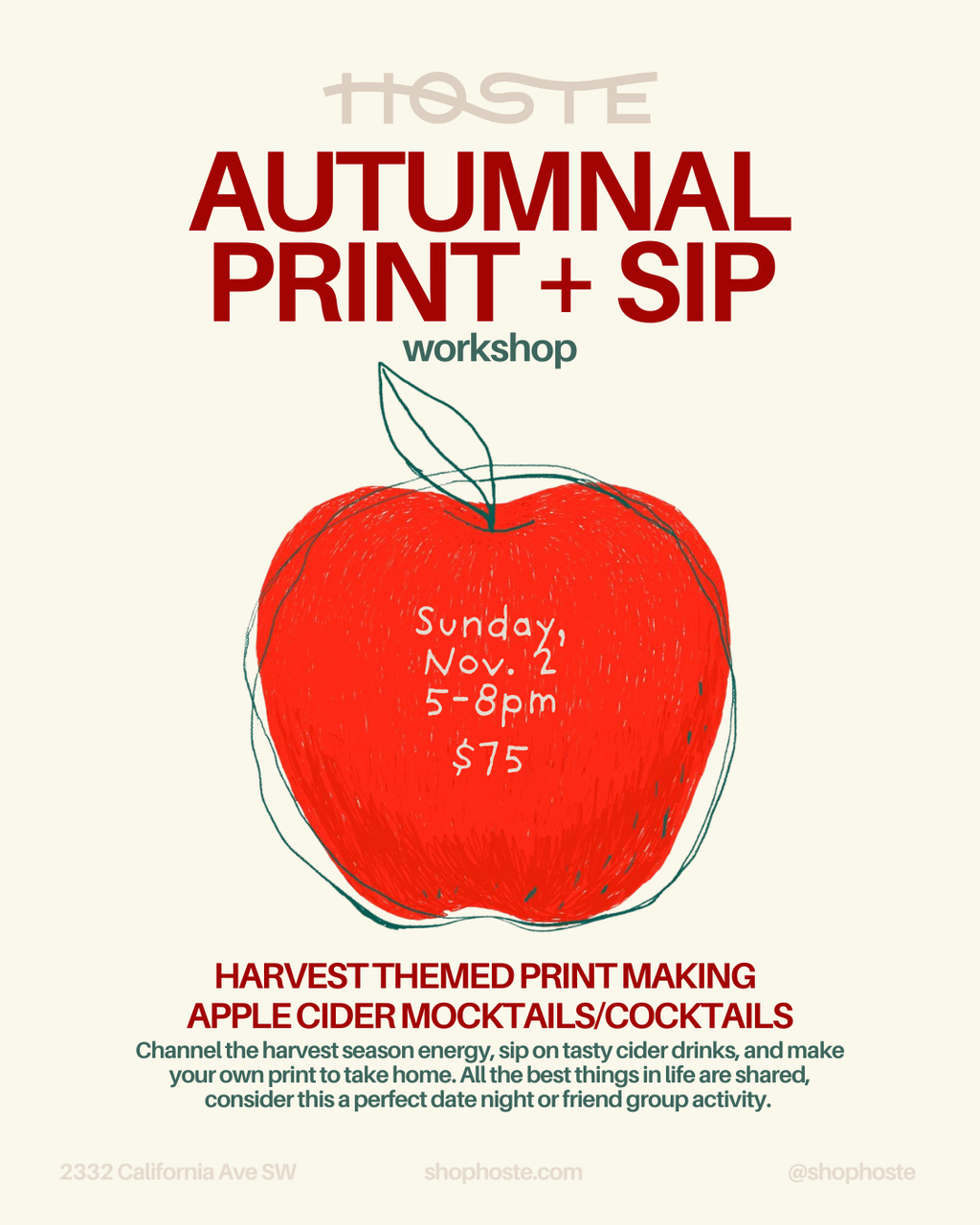 Harvest Print Making + Apple Cider Mocktail/Cocktail Workshop - 11/2