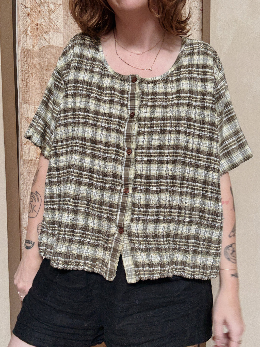 Green Plaid Smocked Tee