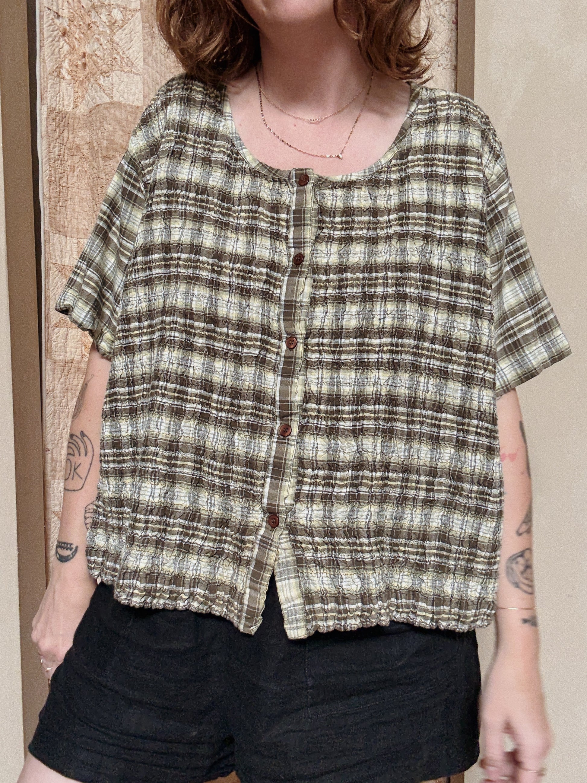 Green Plaid Smocked Tee
