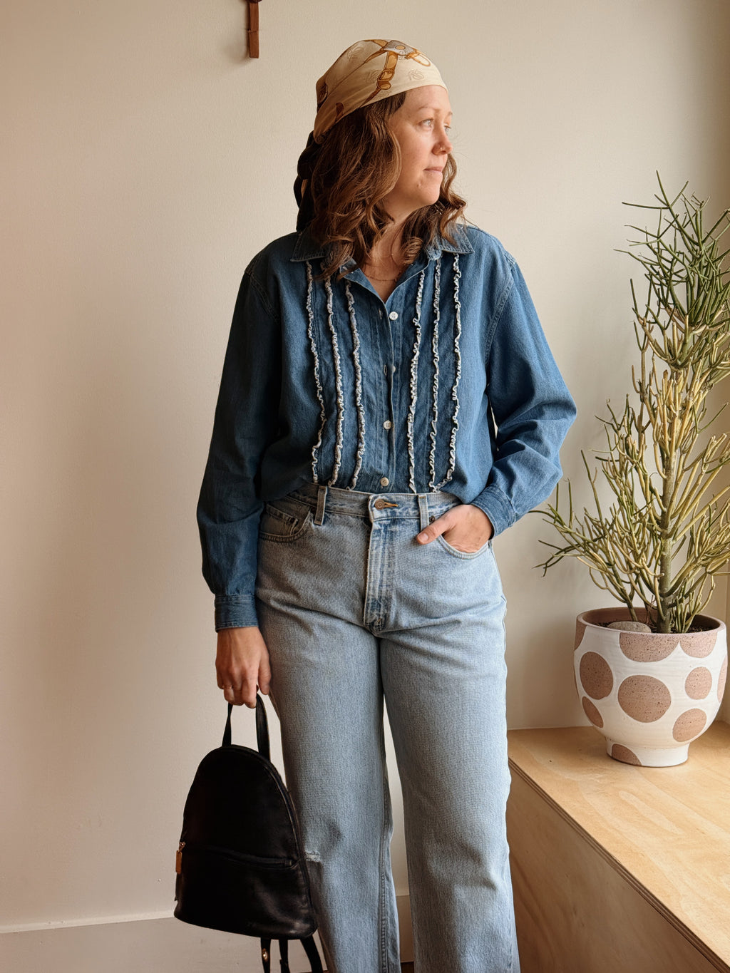 Ruffle Front Denim Buttondown