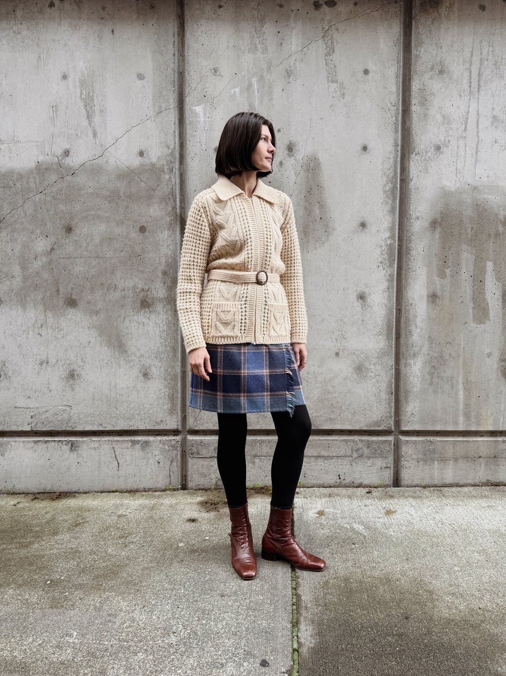 Cream Belted Wool Zip Cardigan