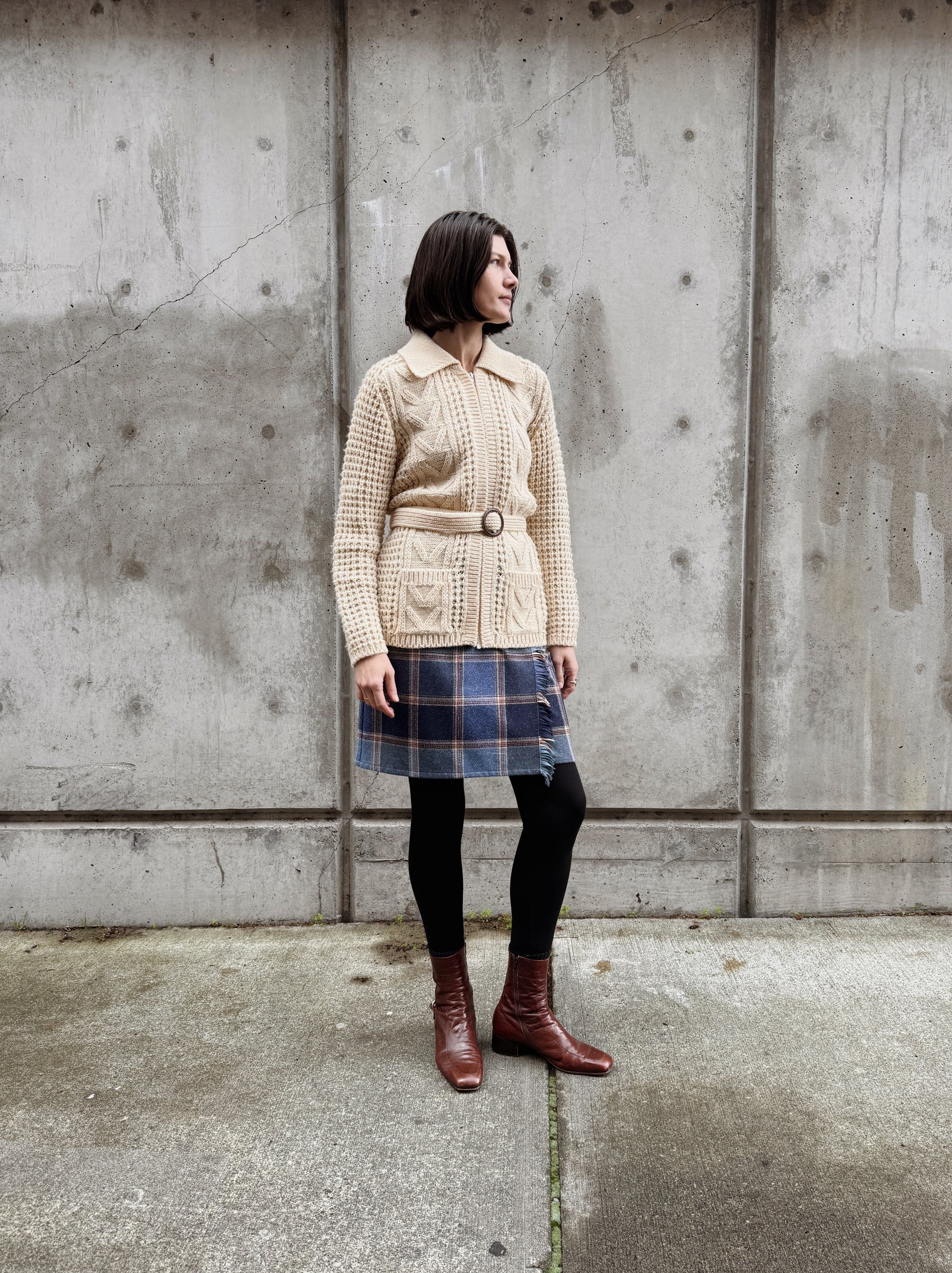 Cream Belted Wool Zip Cardigan