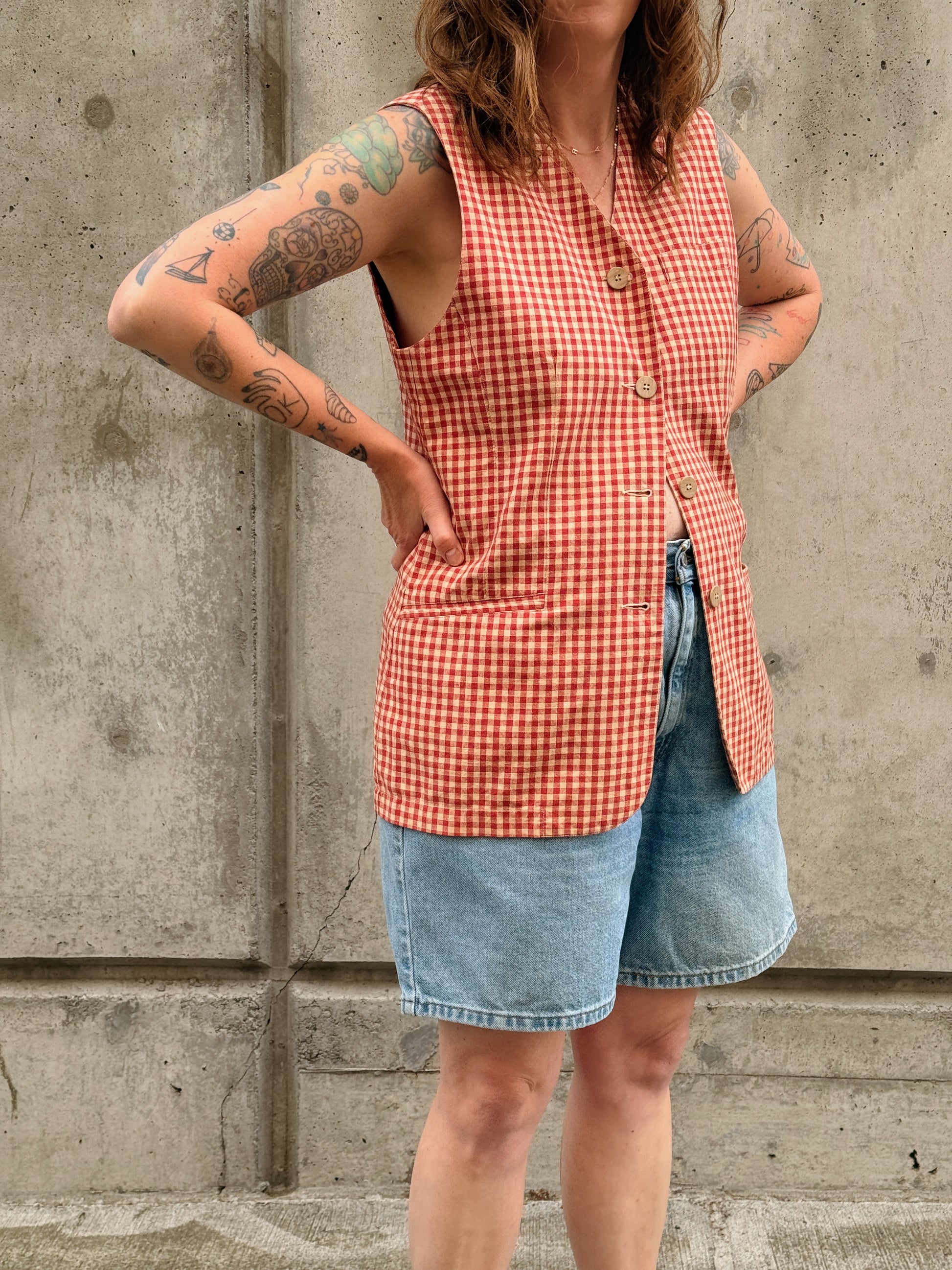 Gingham Linen Longline Vest