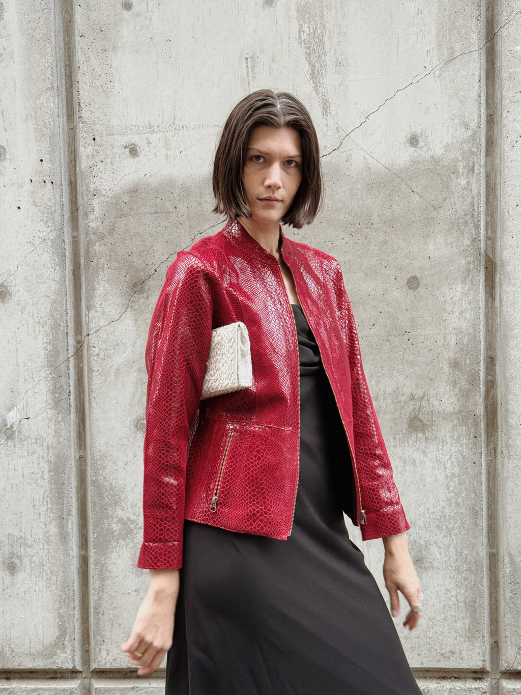 Red Embossed Snakeskin Leather Jacket