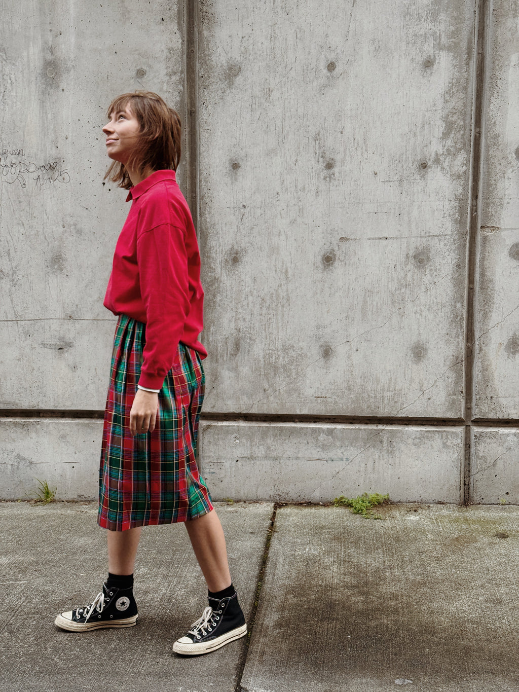 Plaid Taffeta Midi Skirt