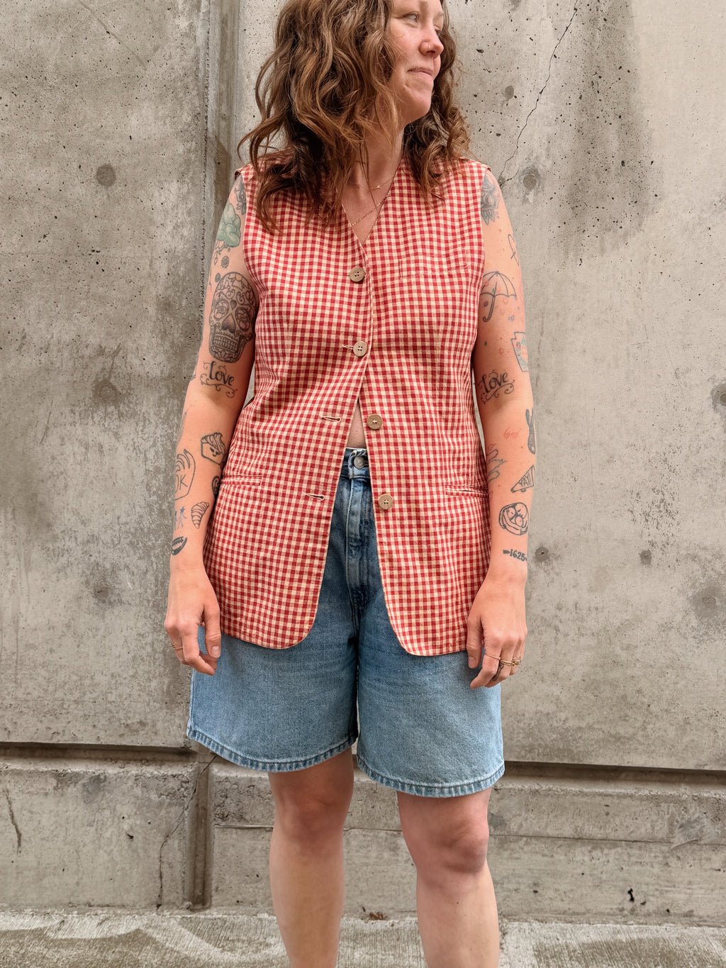 Gingham Linen Longline Vest