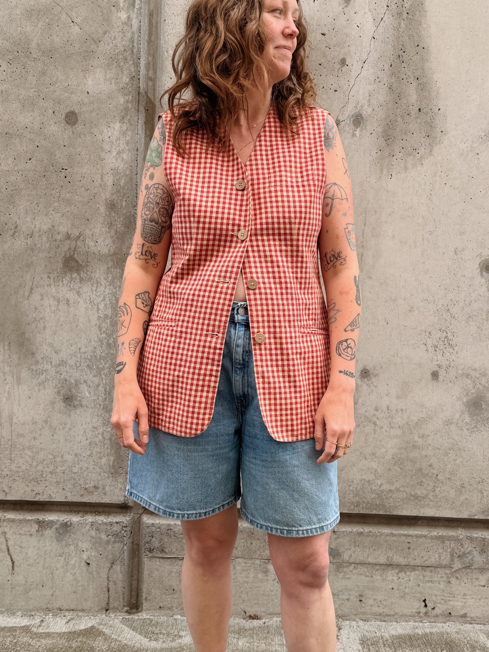 Gingham Linen Longline Vest