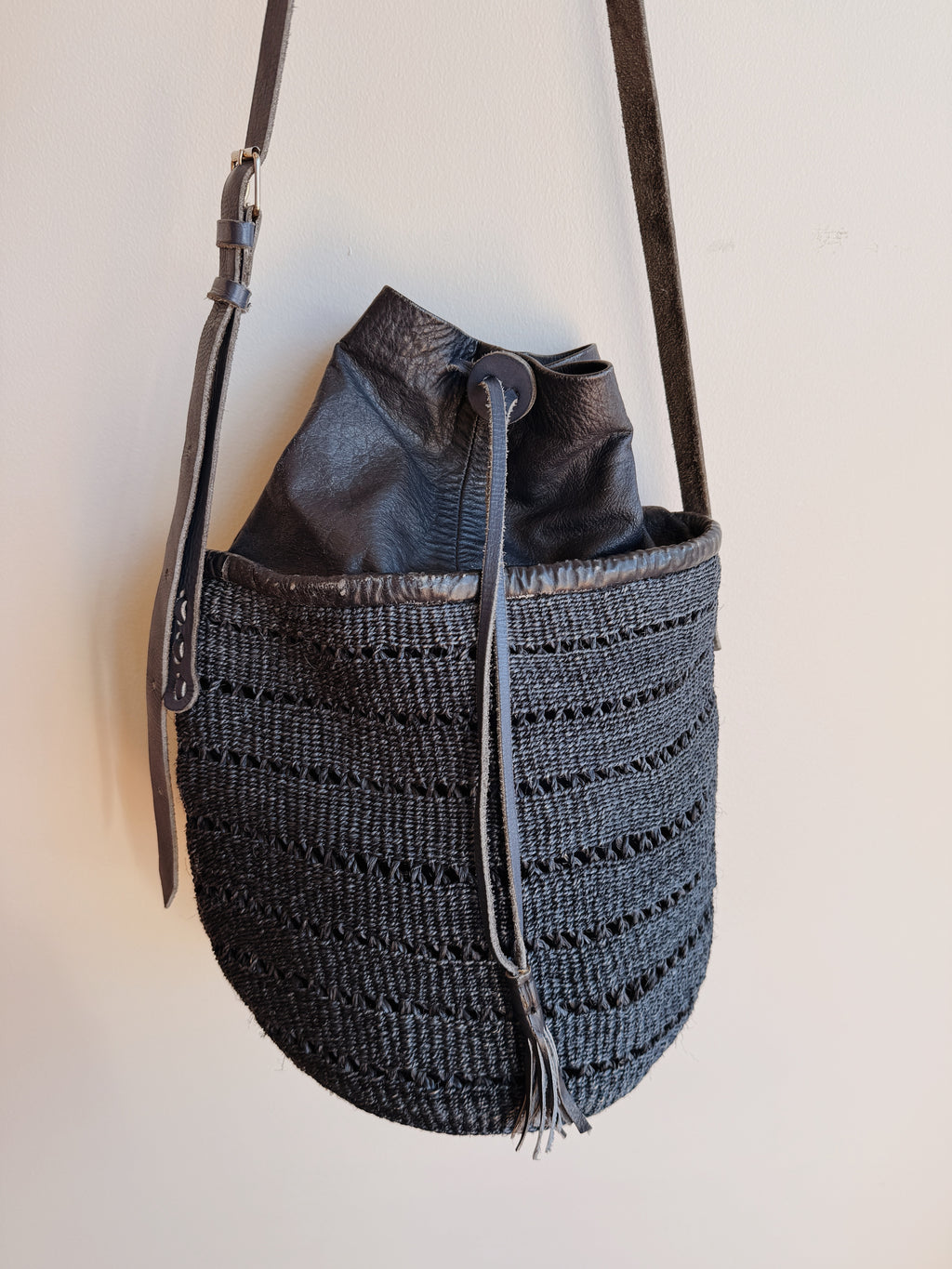 Blue Leather Sisal Bucket Bag