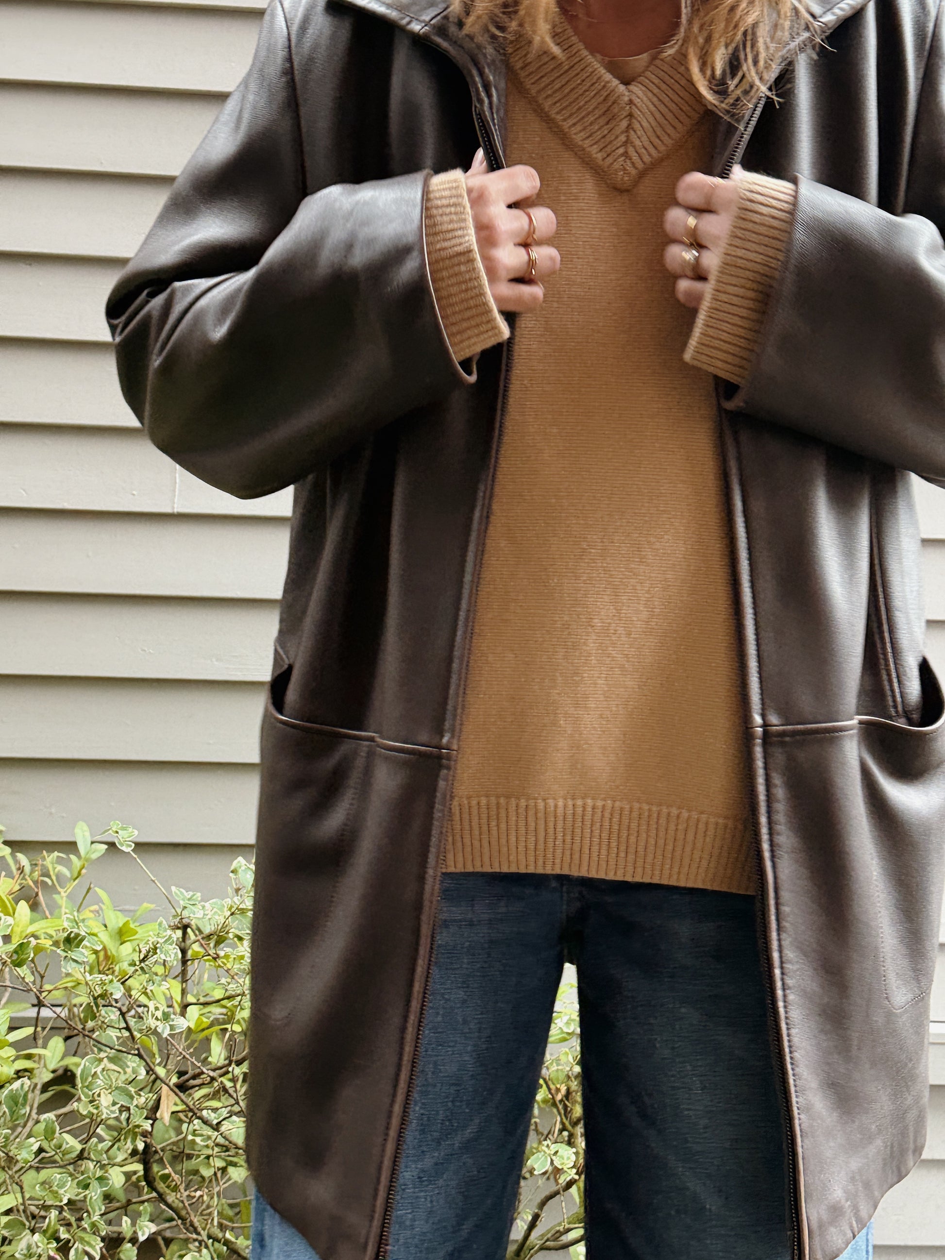 Brown Leather Seamed Zip Jacket