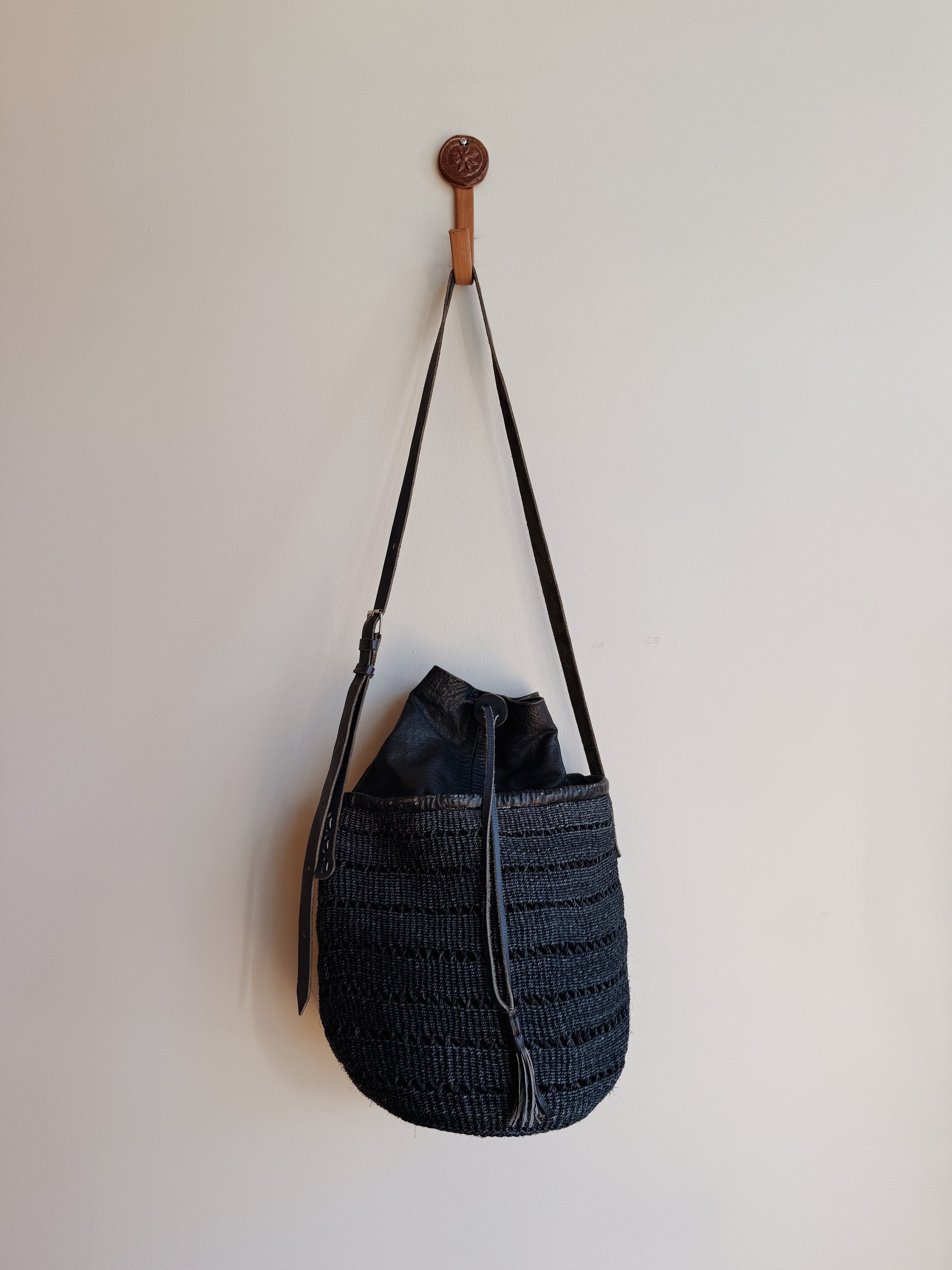 Blue Leather Sisal Bucket Bag