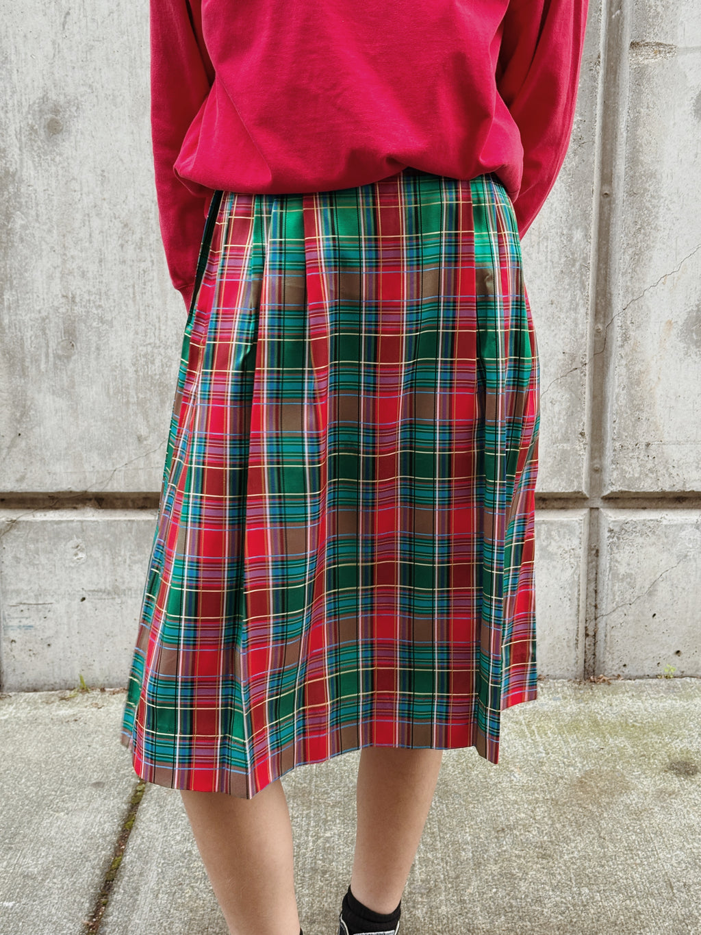 Plaid Taffeta Midi Skirt