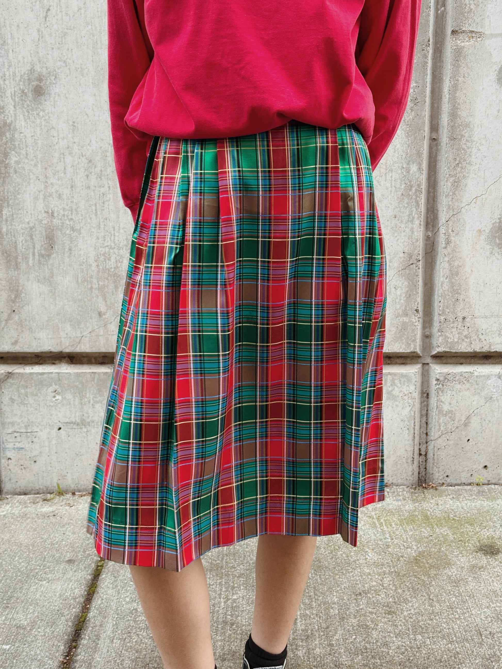 Plaid Taffeta Midi Skirt