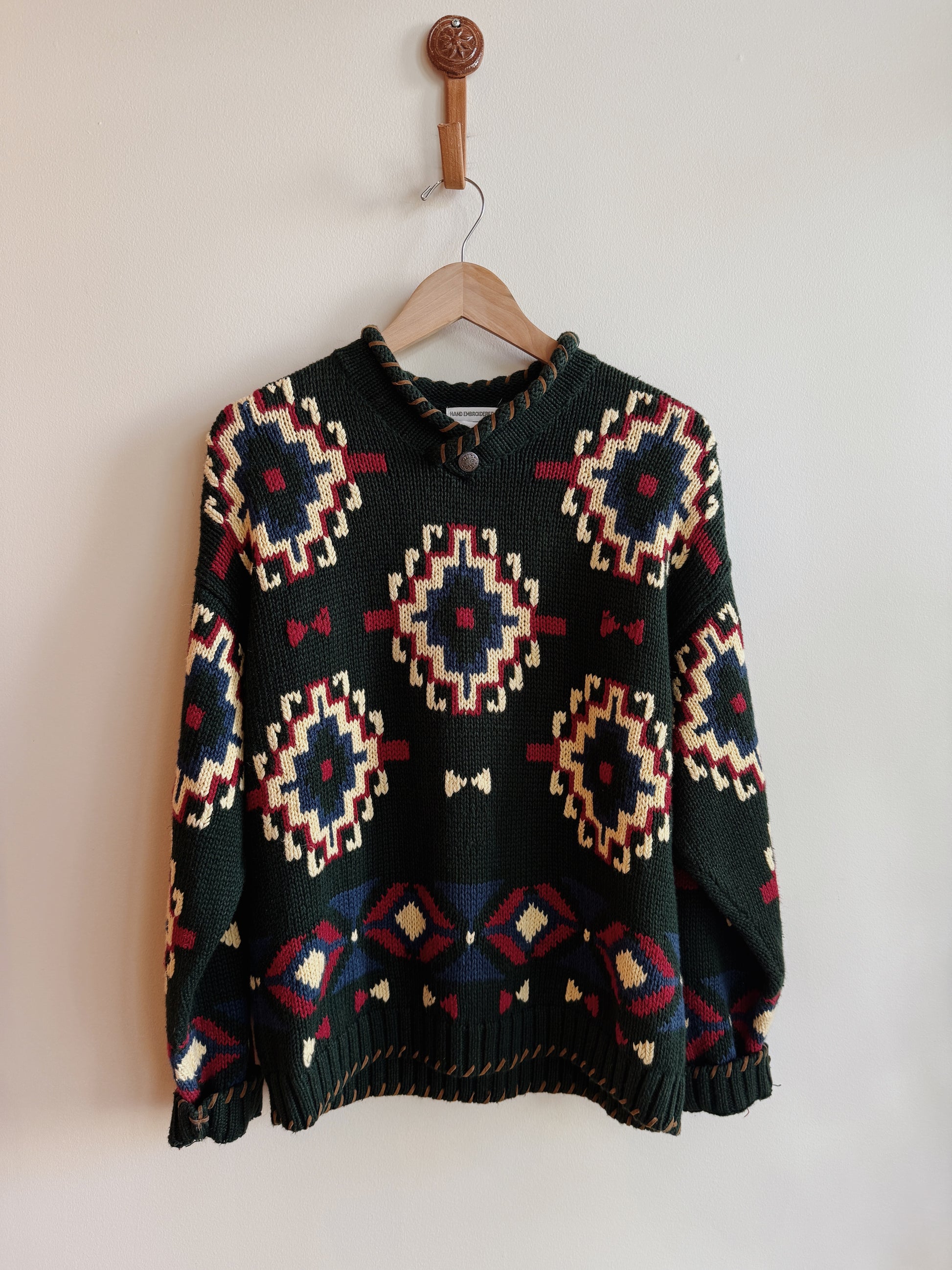 Green Pattern Cotton Knit Sweater