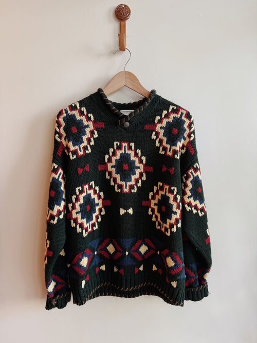 Green Pattern Cotton Knit Sweater