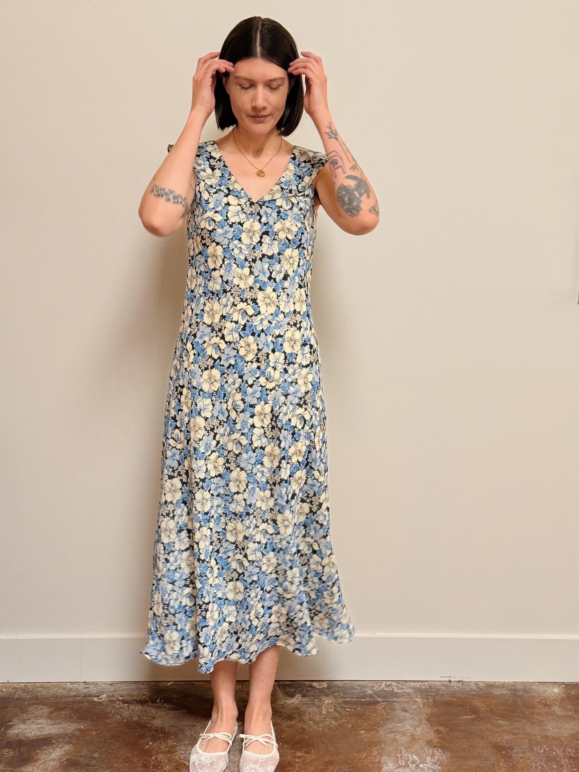Blue Floral Ruffle Neck Dress