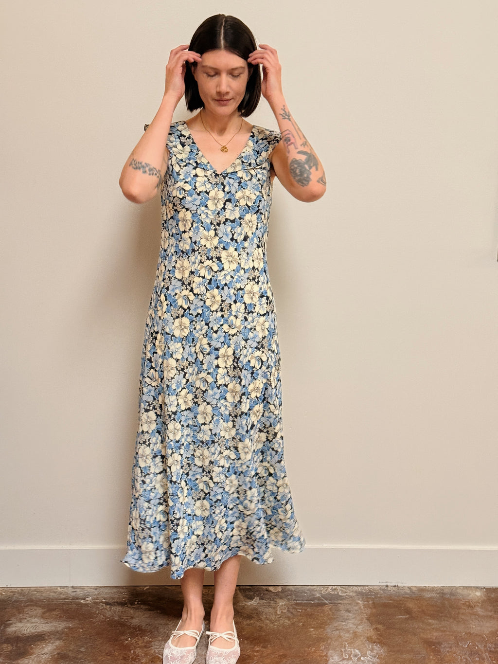 Blue Floral Ruffle Neck Dress