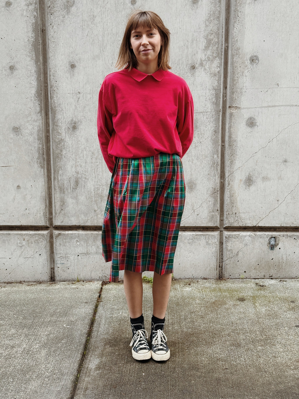 Plaid Taffeta Midi Skirt