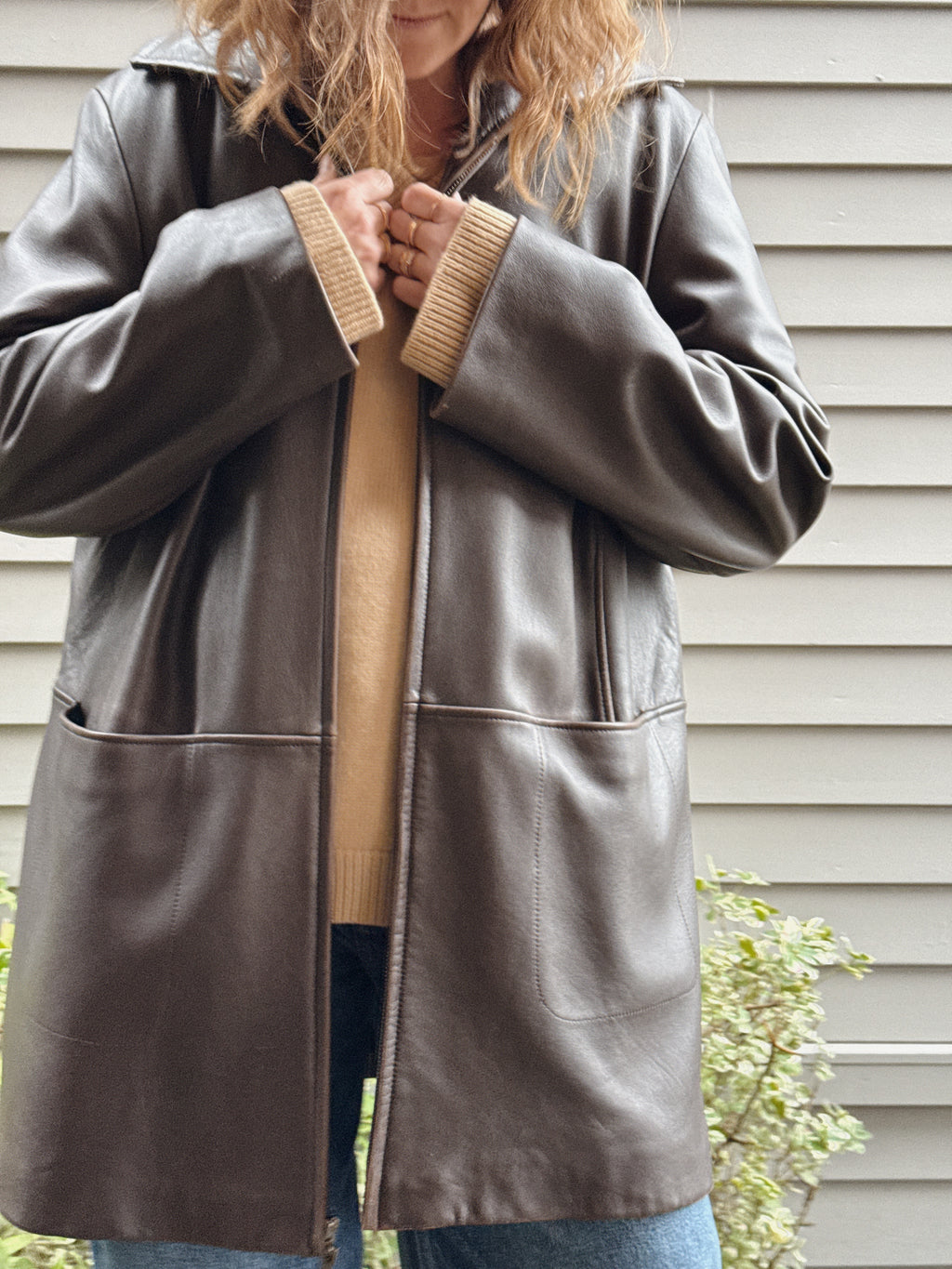 Brown Leather Seamed Zip Jacket