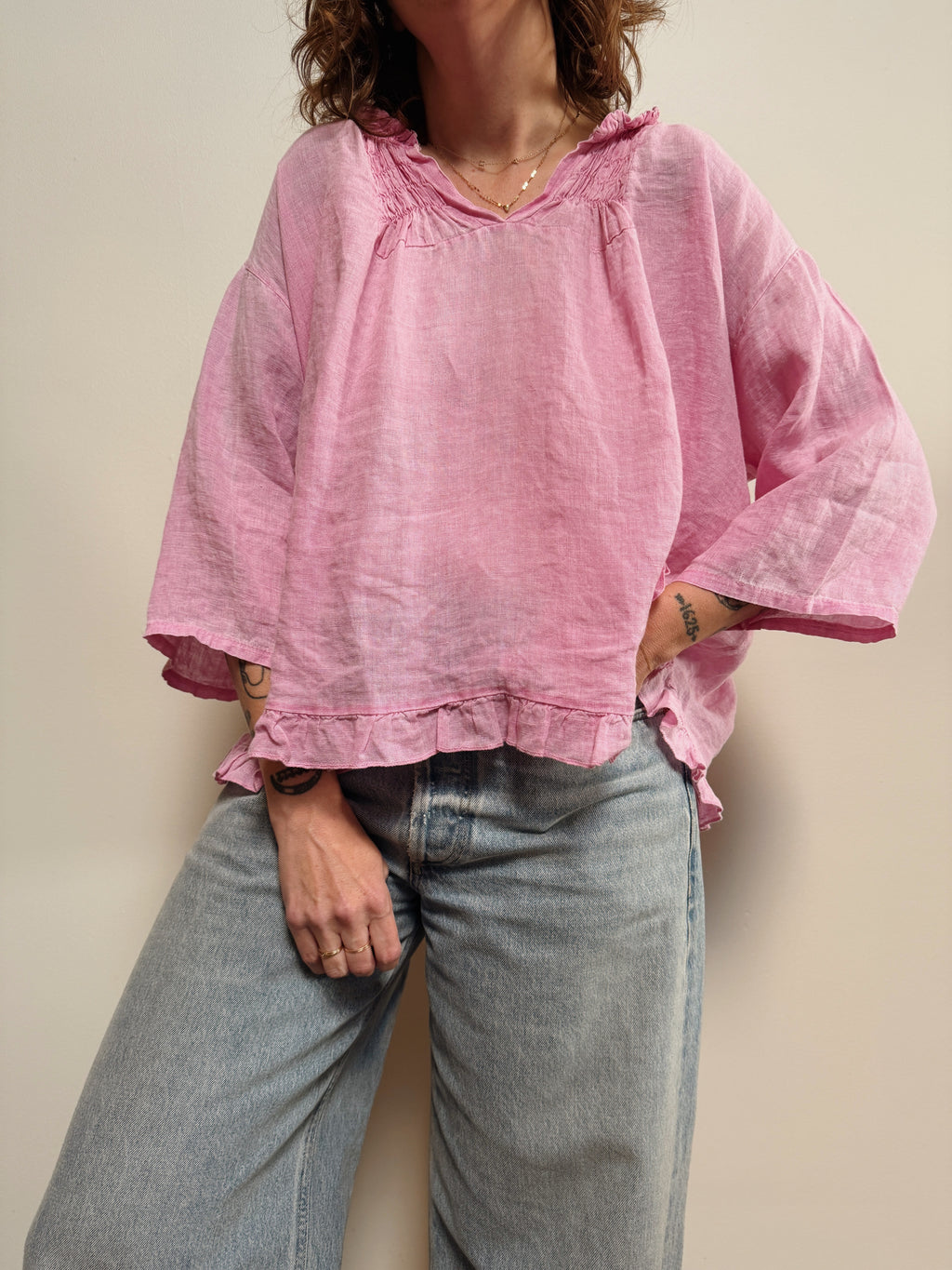 Colette Pink Ruffle Linen Top