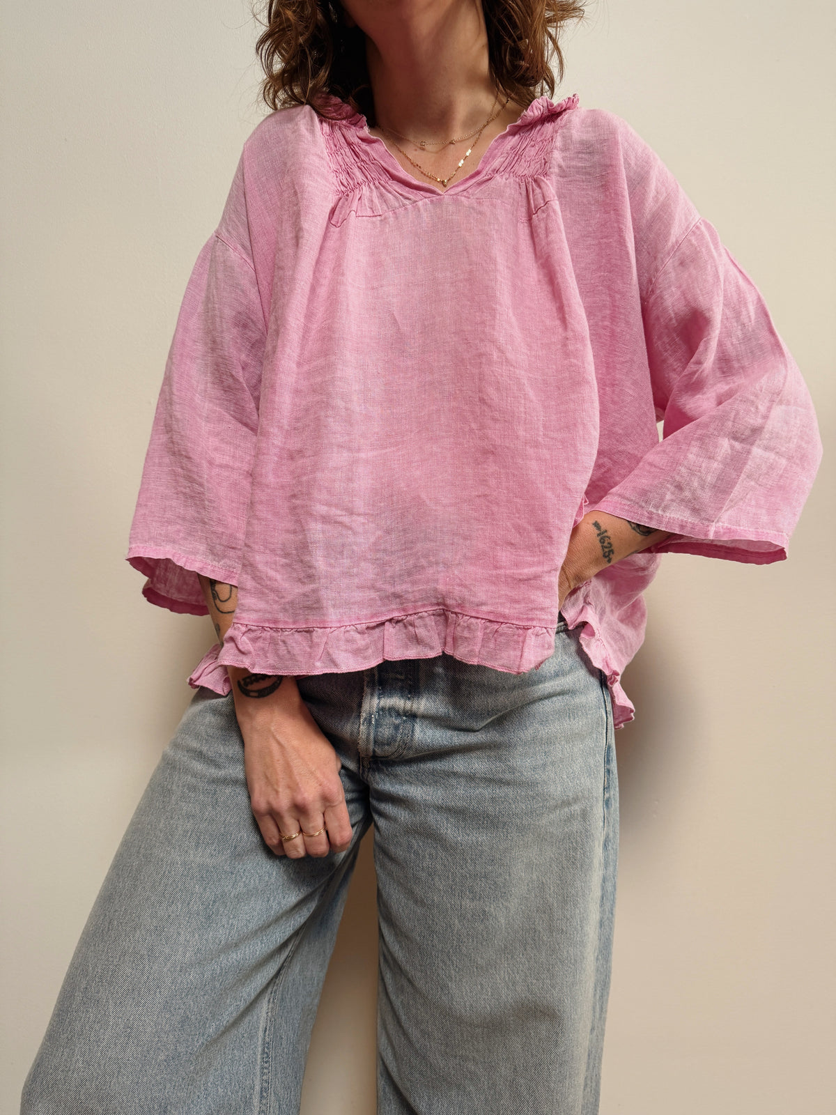 Colette Pink Ruffle Linen Top