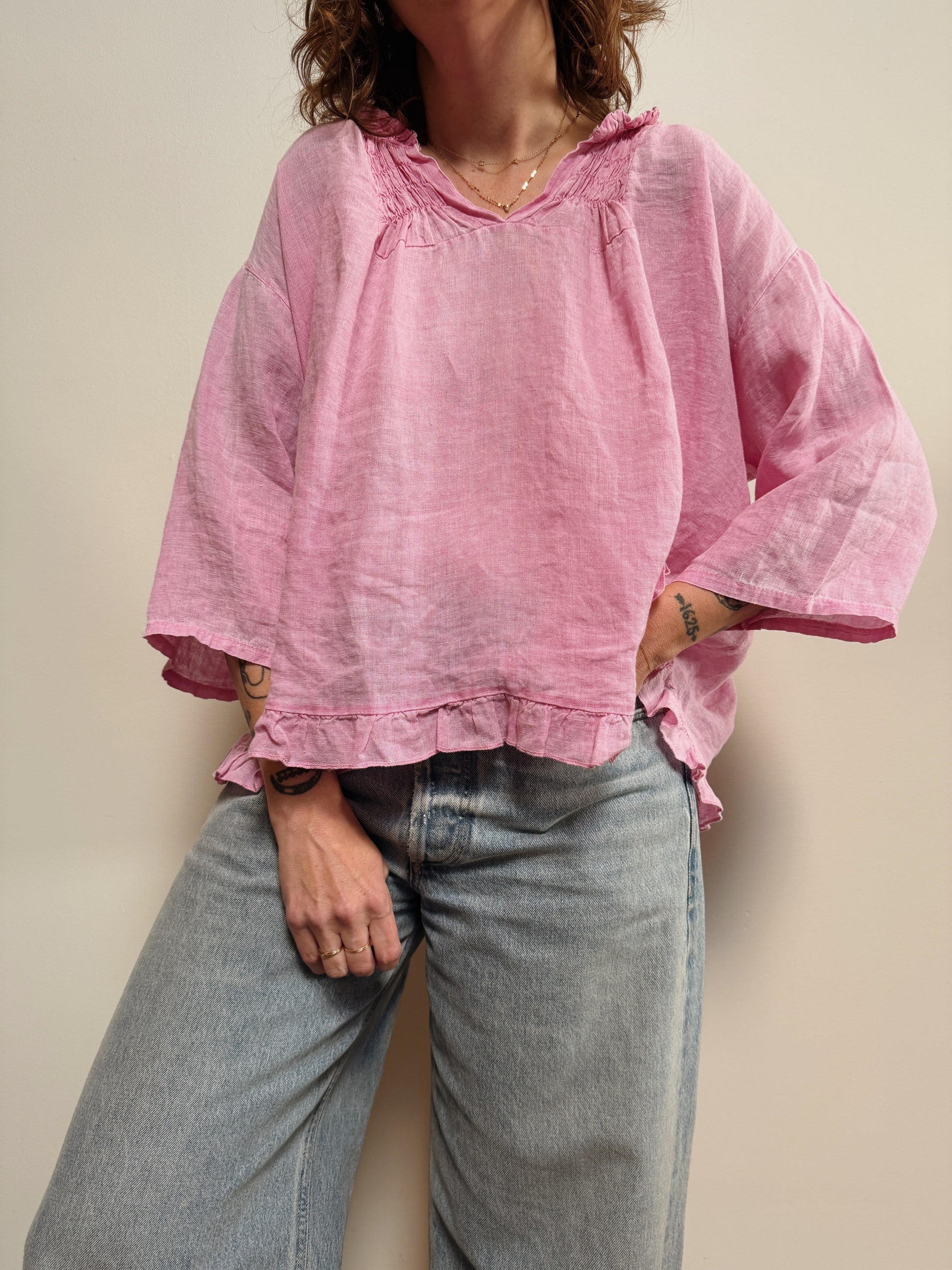 Colette Pink Ruffle Linen Top