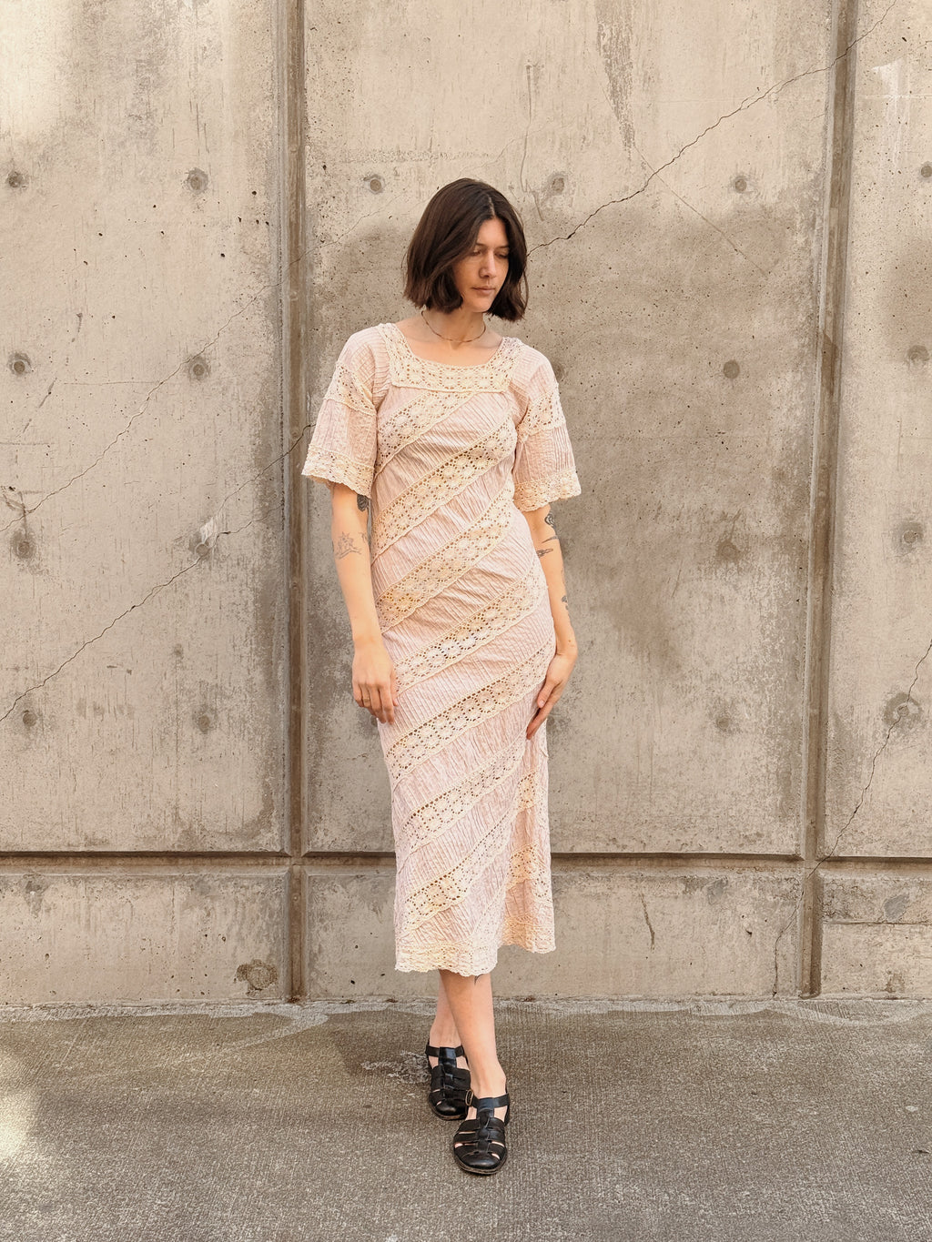Ecru Lace & Pleats Maxi Dress