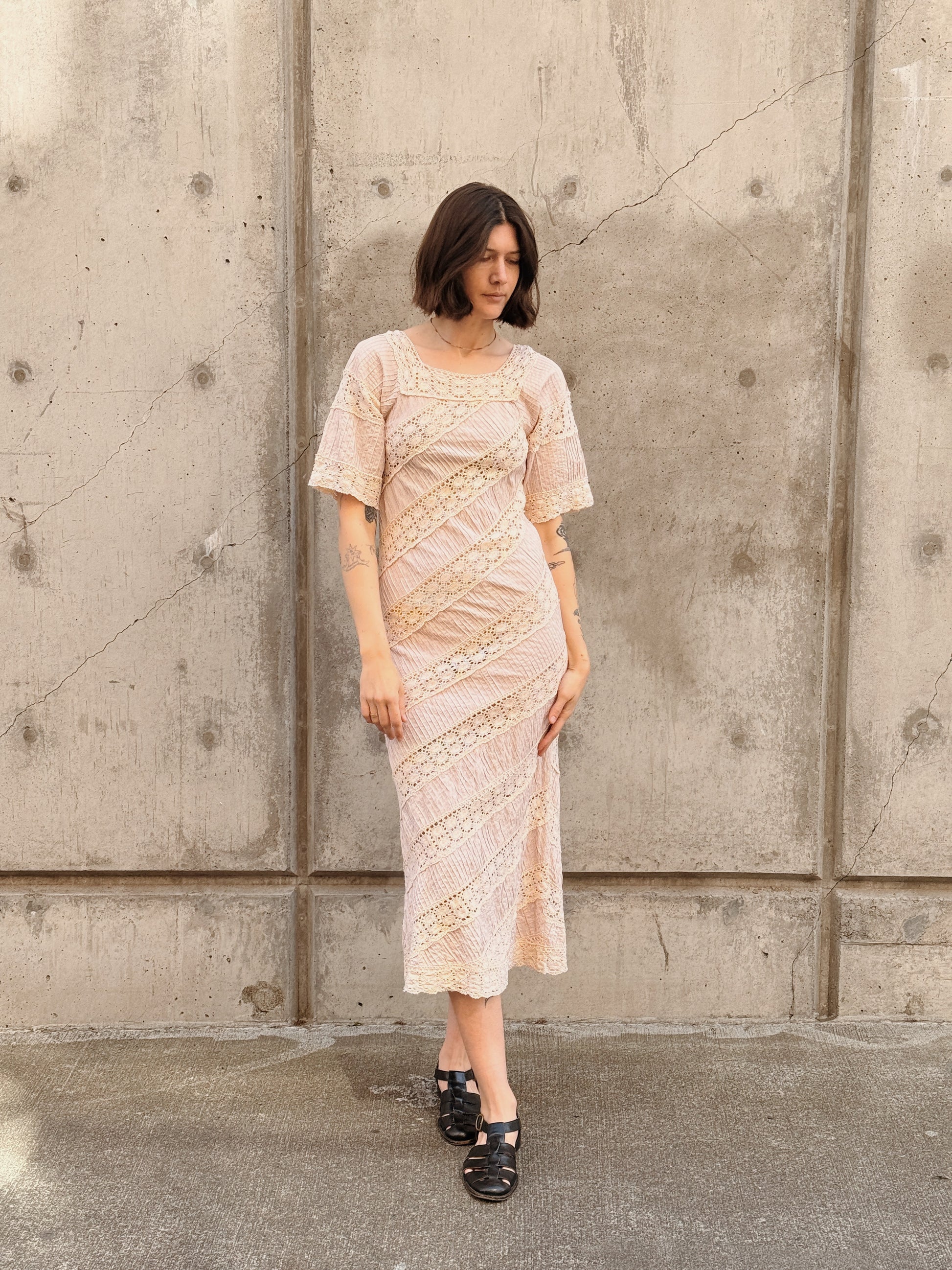 Ecru Lace & Pleats Maxi Dress