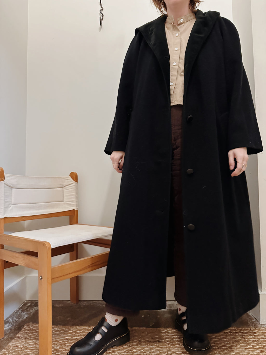 Wool Velvet Trim Hooded Coat