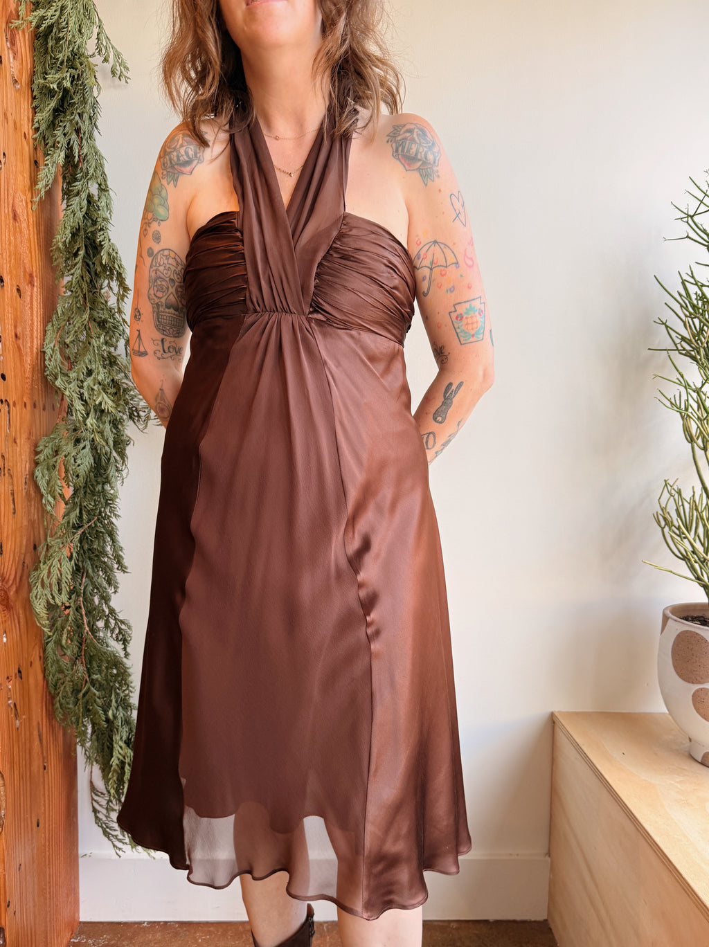 Brown Silk Halter Dress
