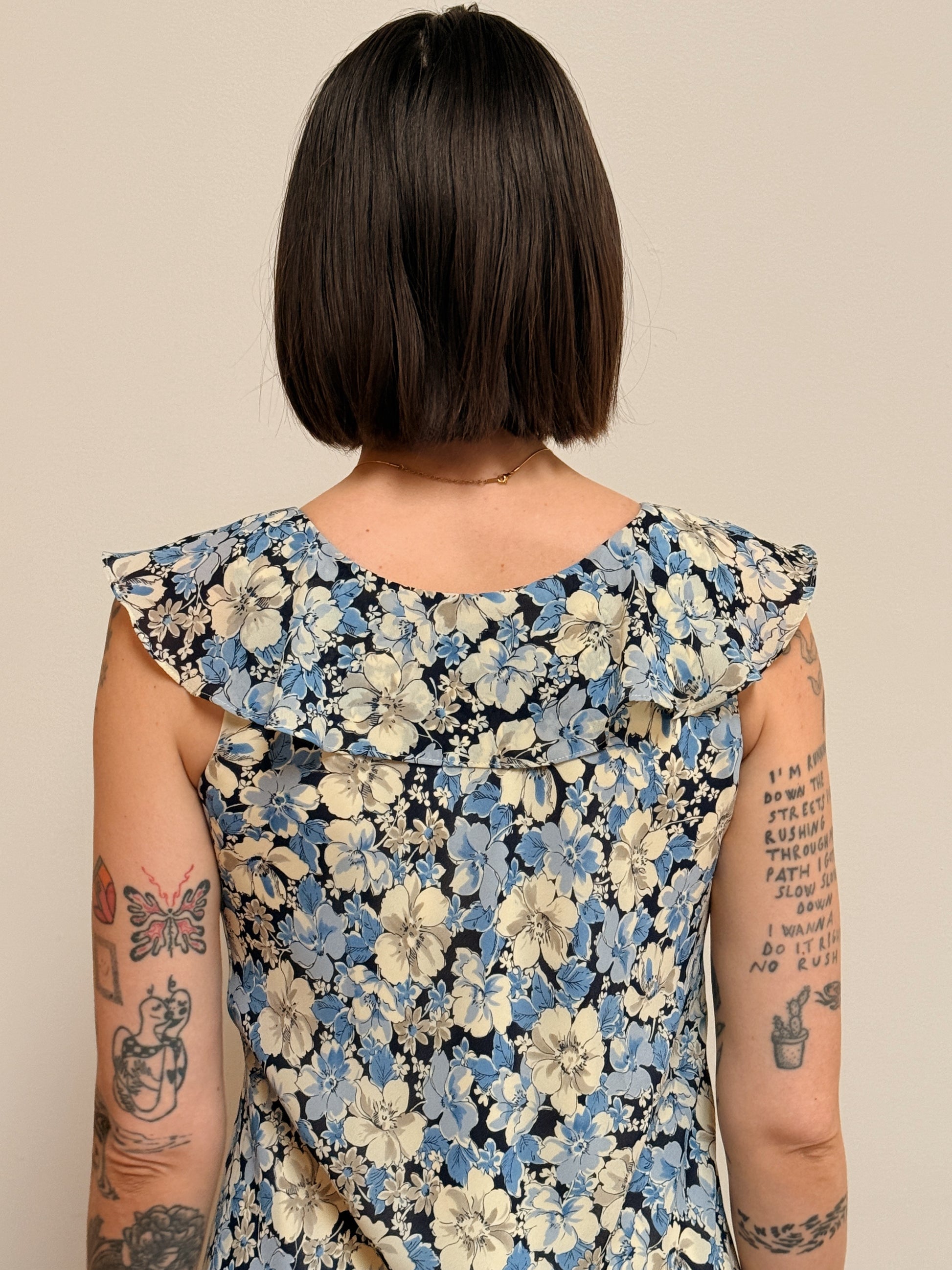 Blue Floral Ruffle Neck Dress