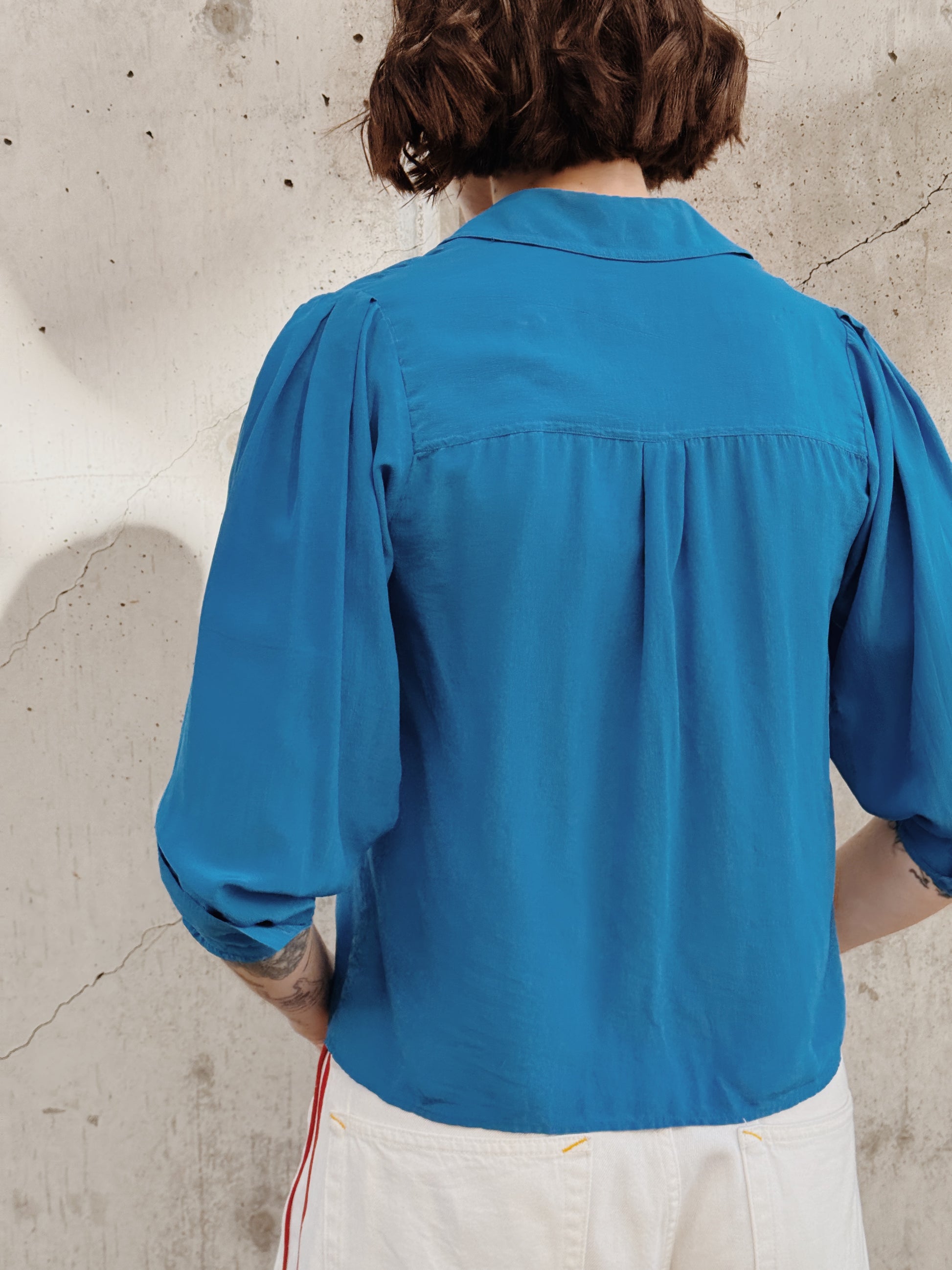Blue Silk Pleated Blouse